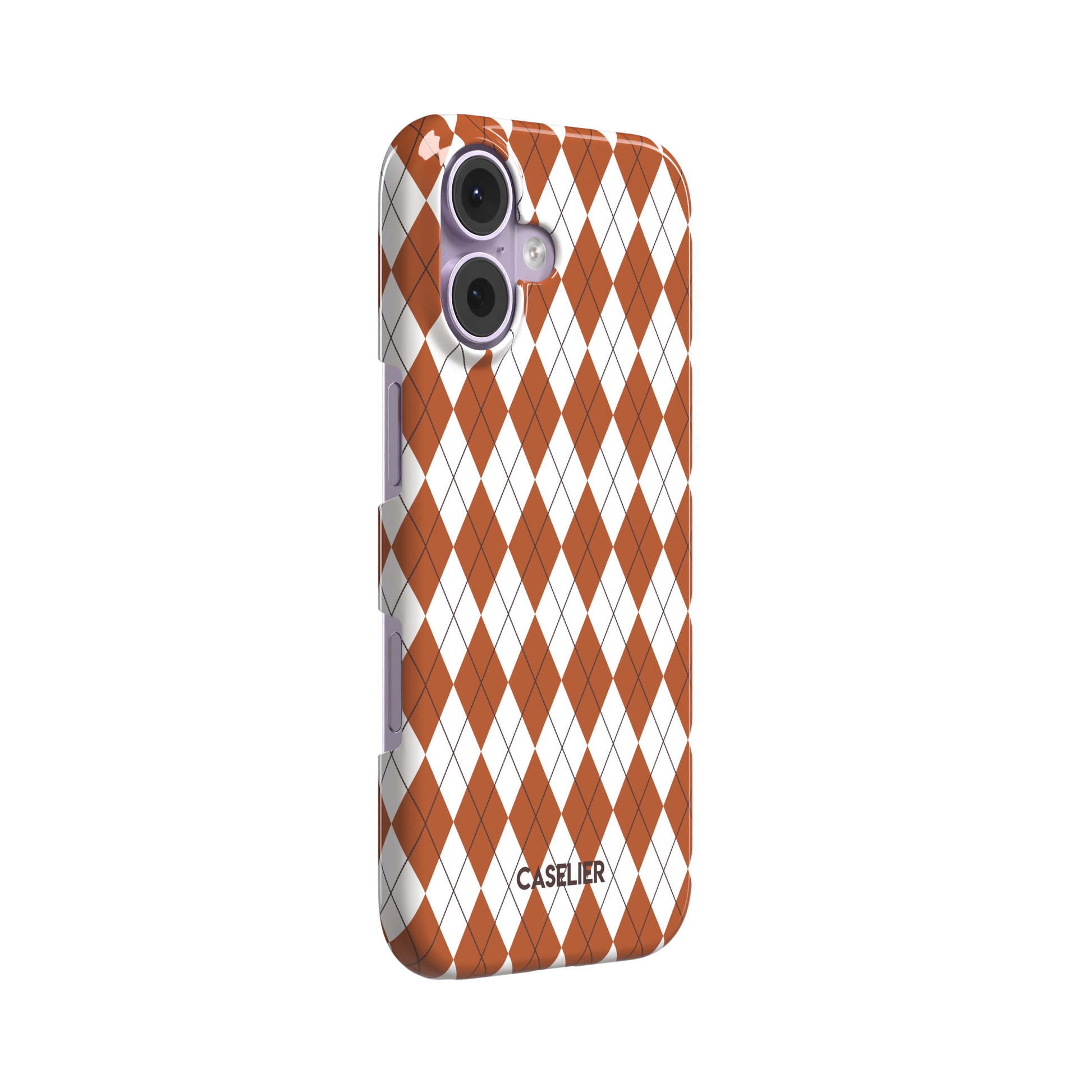 Argyle, rust orange and white argyle diamonds with thin crosshatch lines, snap case, left view, phone case by Caselier