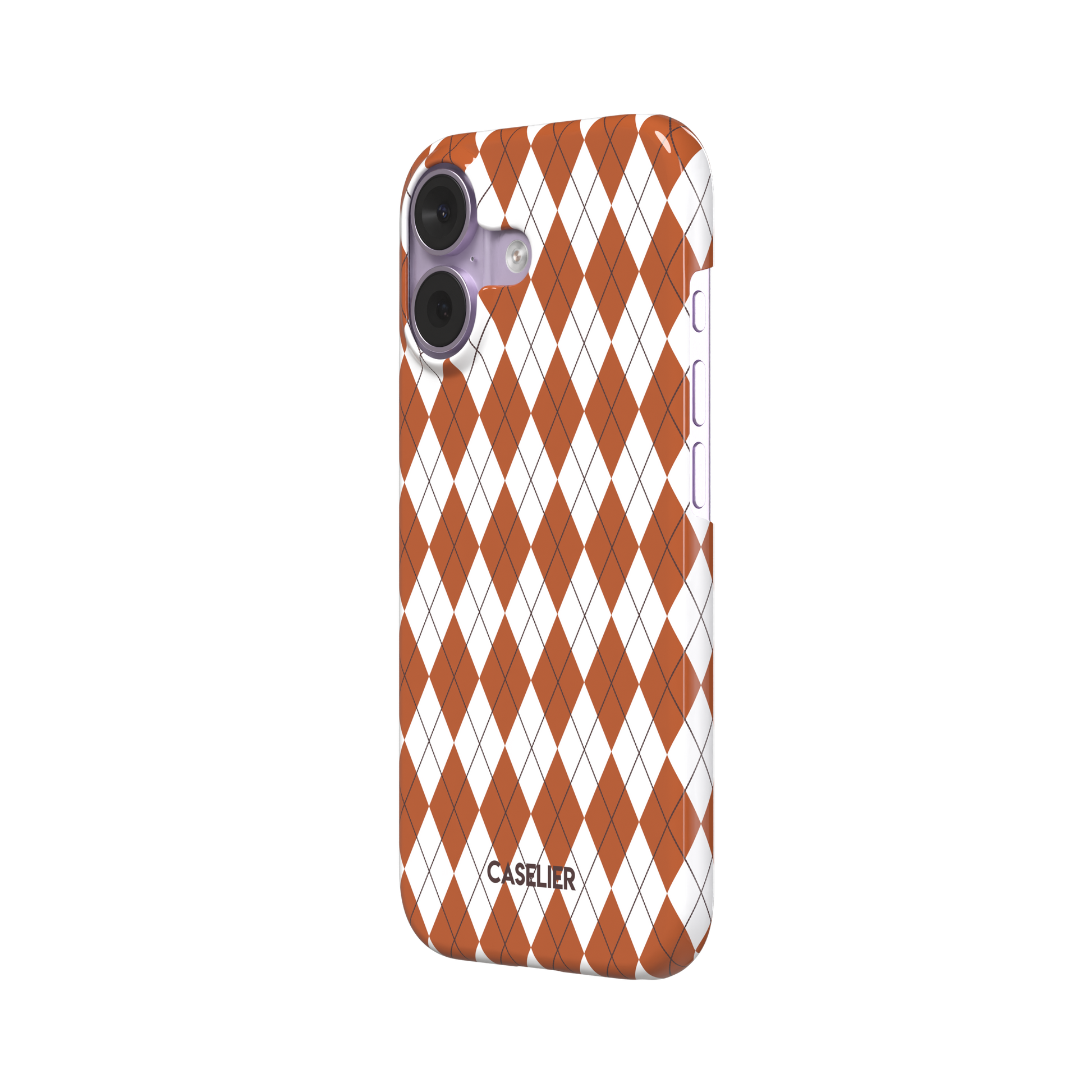 Argyle, rust orange and white argyle diamonds with thin crosshatch lines, snap case, right view, phone case by Caselier
