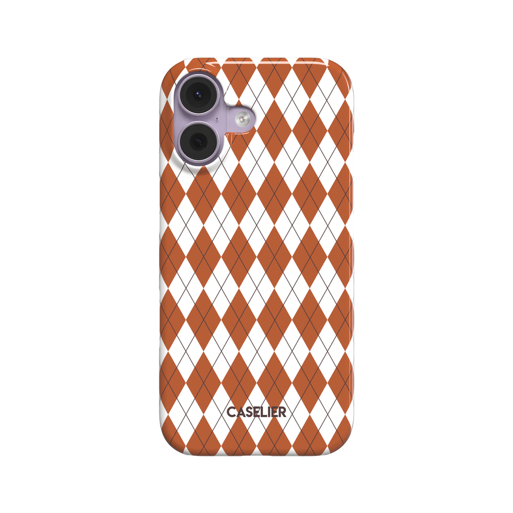 Argyle pattern phone case in burnt orange and white with dark crosslines, front-facing view on white background, phone case by Caselier - snap case, front view | Caselier
