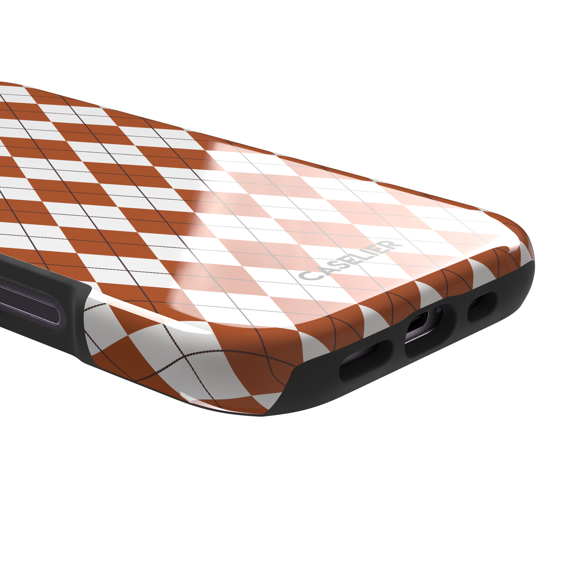 Argyle, rust orange and white argyle diamonds with thin crosshatch lines, tough case, charging port detail, phone case by Caselier