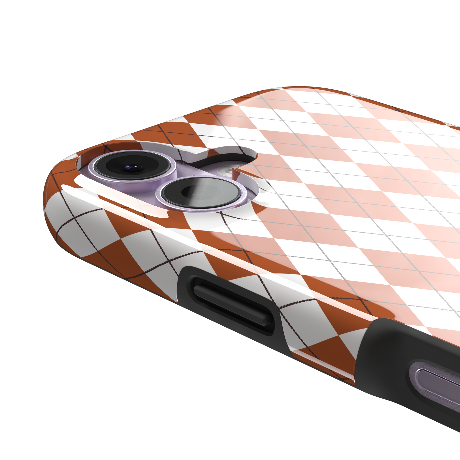 Argyle, rust orange and white argyle diamonds with thin crosshatch lines, tough case, volume buttons detail, phone case by Caselier