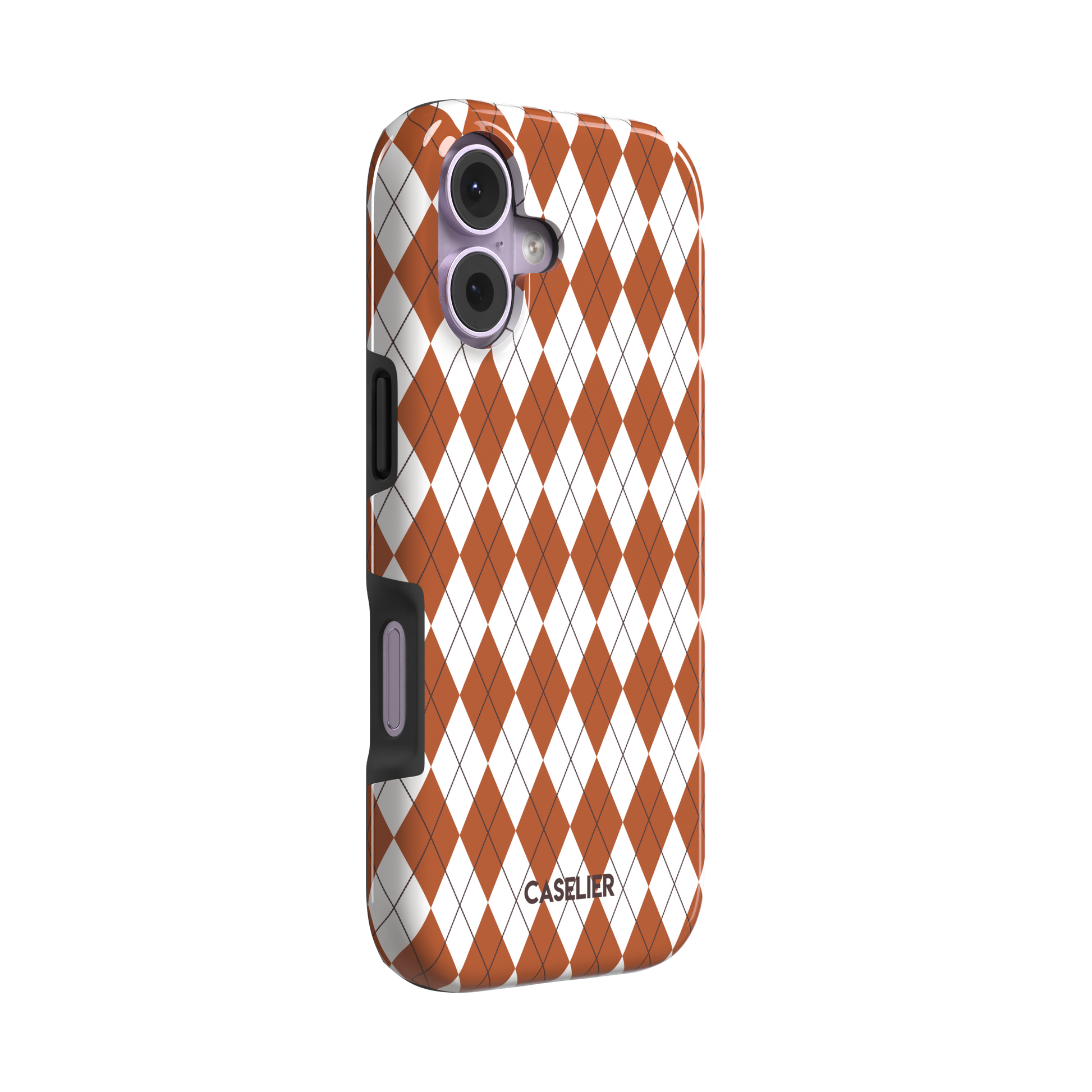Argyle, rust orange and white argyle diamonds with thin crosshatch lines, tough case, left view, phone case by Caselier