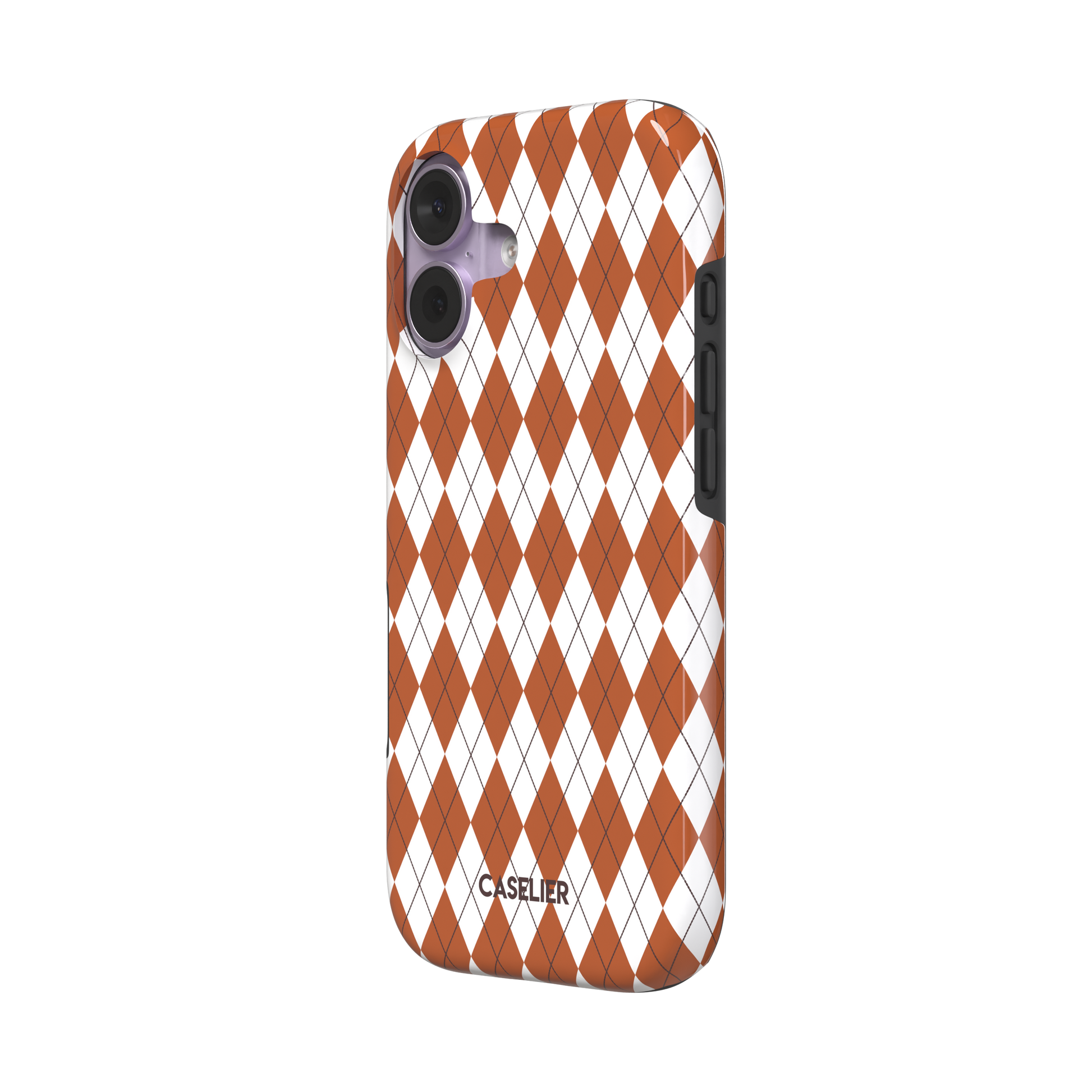 Argyle, rust orange and white argyle diamonds with thin crosshatch lines, tough case, right view, phone case by Caselier