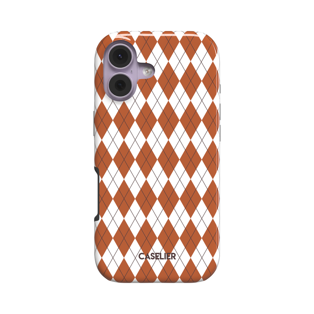 Argyle pattern phone case in burnt orange and white with dark crosslines, slightly angled rear view showing case edges, phone case by Caselier - tough case, front view | Caselier