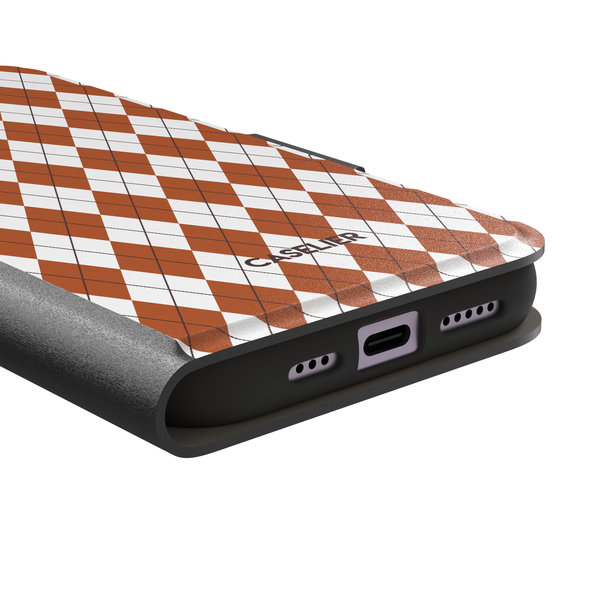 Argyle, rust orange and white argyle diamonds with thin crosshatch lines, wallet case, charging port detail, phone case by Caselier