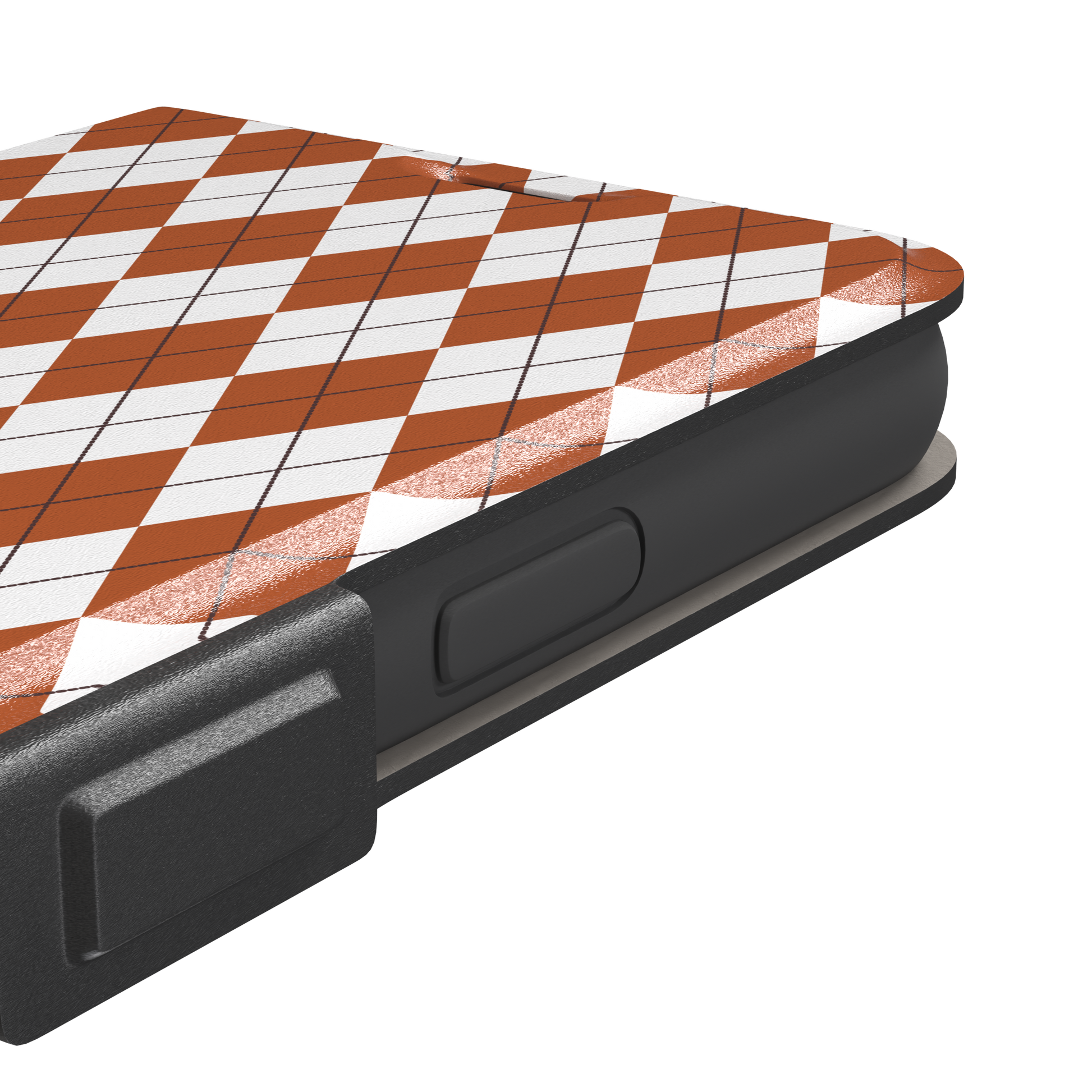 Argyle, rust orange and white argyle diamonds with thin crosshatch lines, wallet case, volume buttons detail, phone case by Caselier