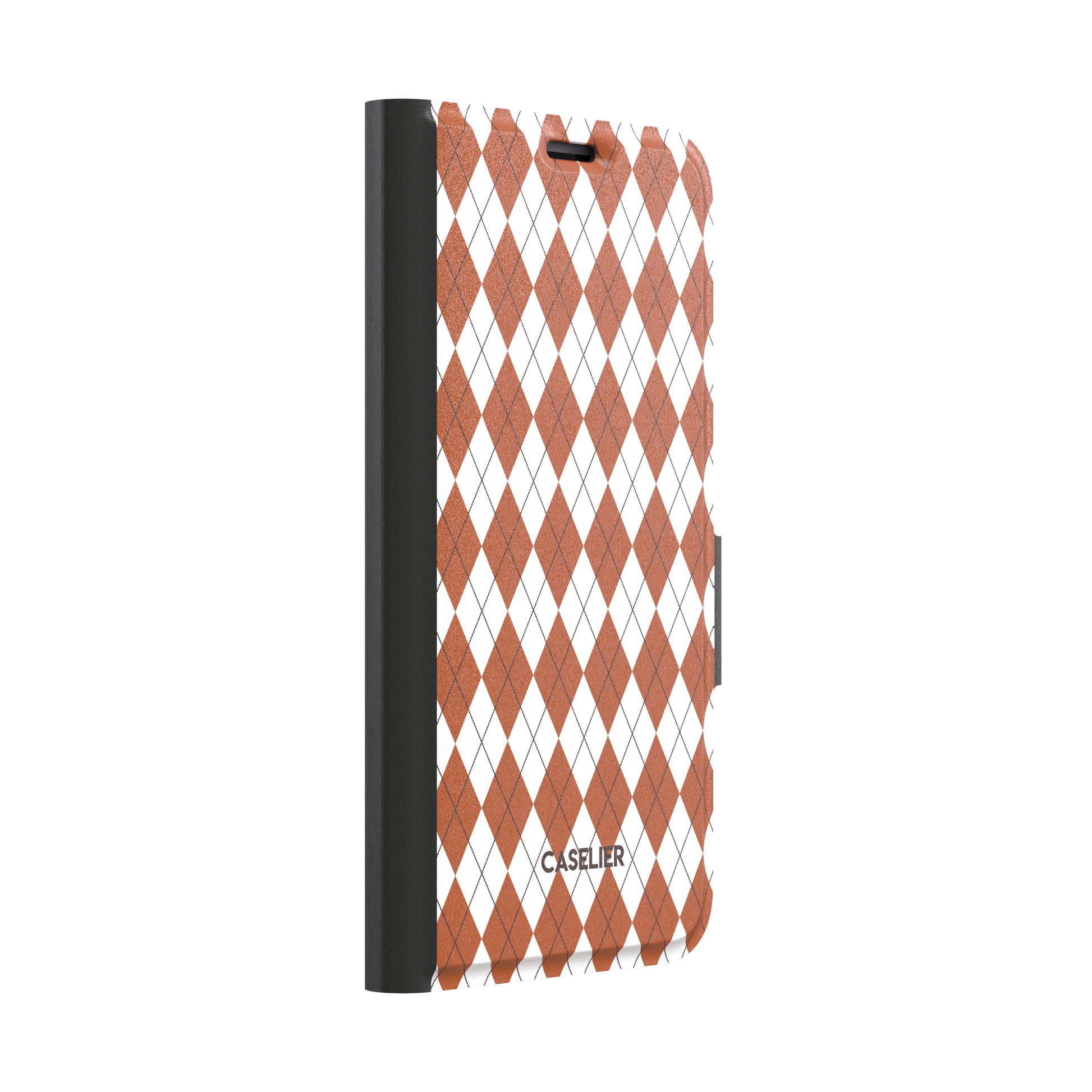 Argyle, rust orange and white argyle diamonds with thin crosshatch lines, wallet case, left view, phone case by Caselier