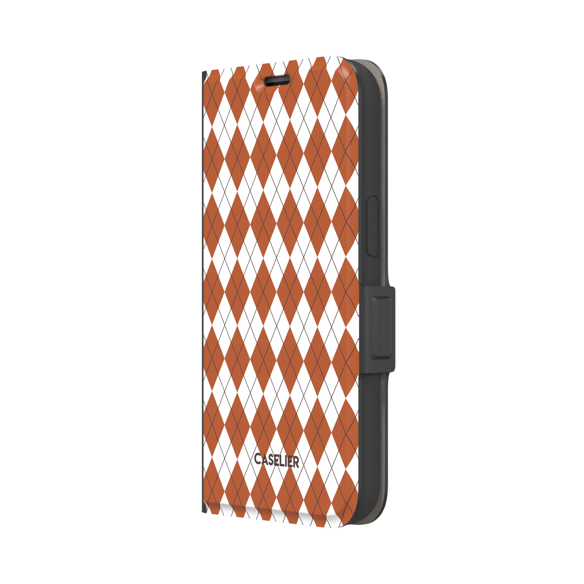 Argyle, rust orange and white argyle diamonds with thin crosshatch lines, wallet case, right view, phone case by Caselier