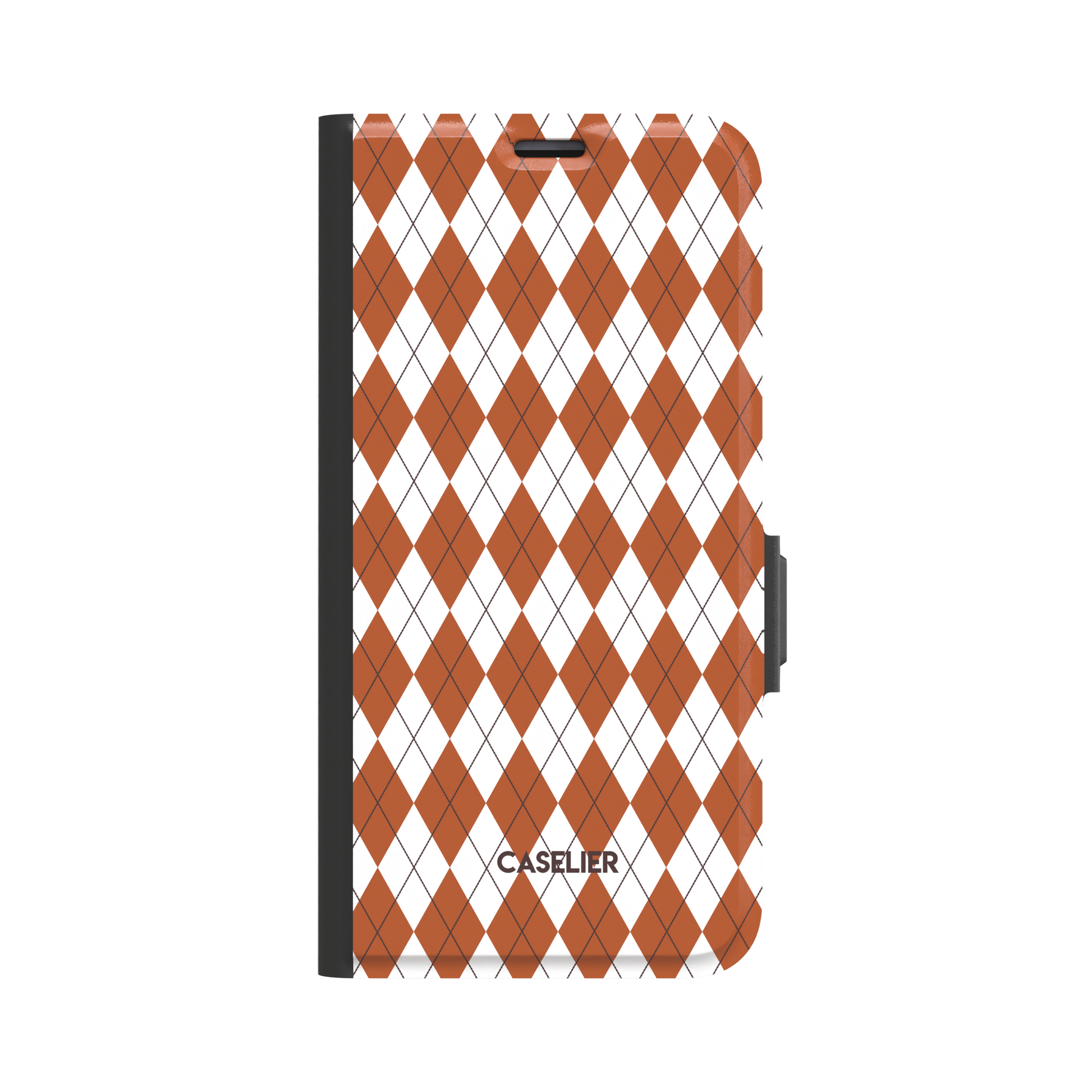 Argyle pattern folio wallet case in burnt orange and white with dark crosslines, three-quarter angled view showing black spine and magnetic clasp, phone case by Caselier - wallet case, front view | Caselier