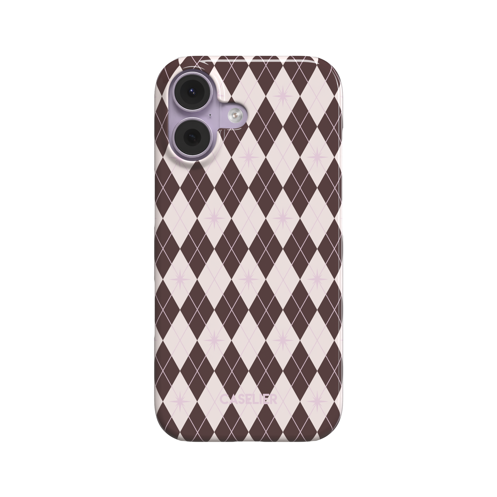 Argyle Starred phone case in deep brown and blush pink diamond pattern with lilac starburst accents, front-facing product shot on white background, phone case by Caselier - snap case, front view | Caselier