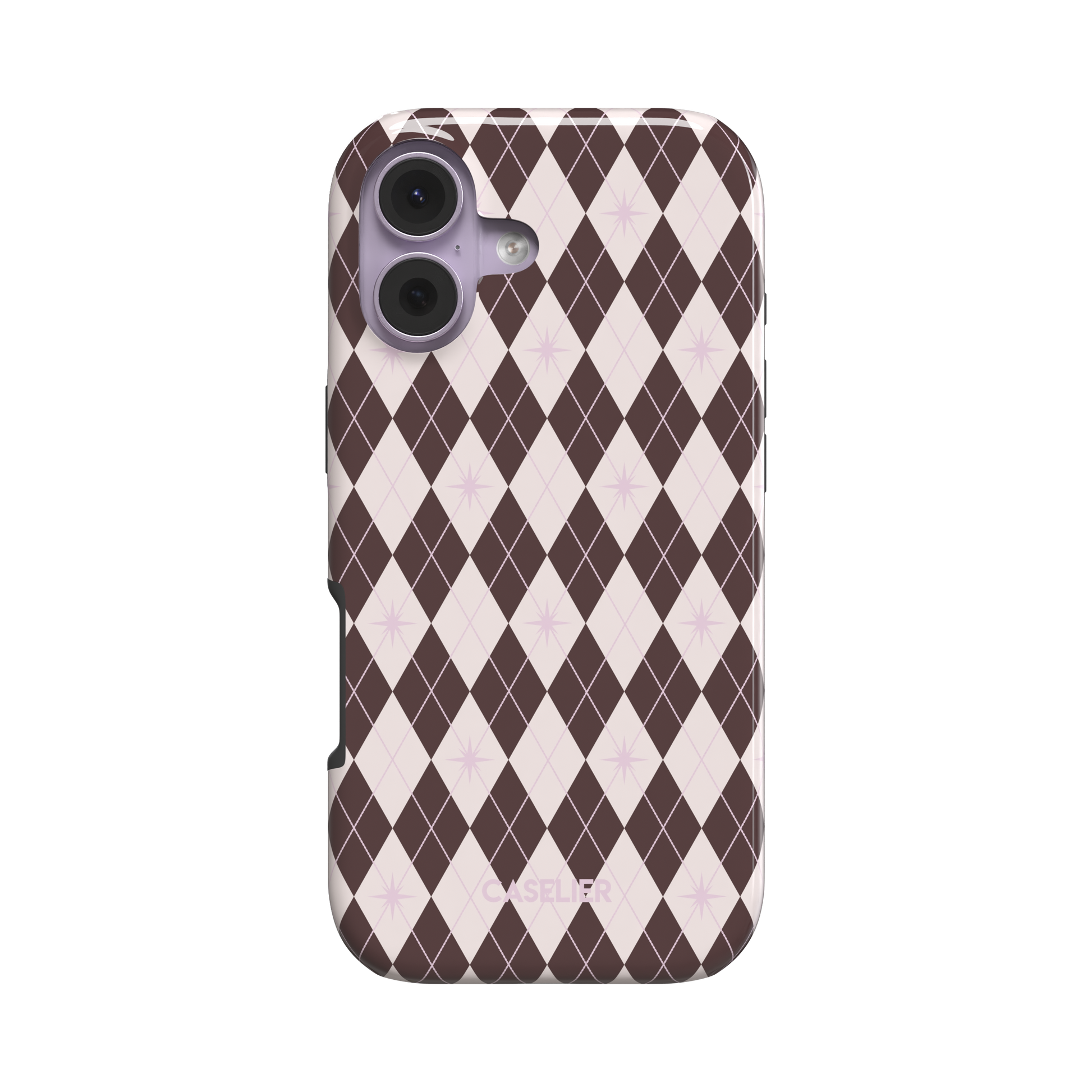Argyle Starred phone case showing the same brown and blush pink argyle design from a slightly angled perspective, highlighting the case edges and pattern wrap, phone case by Caselier - tough case, front view | Caselier