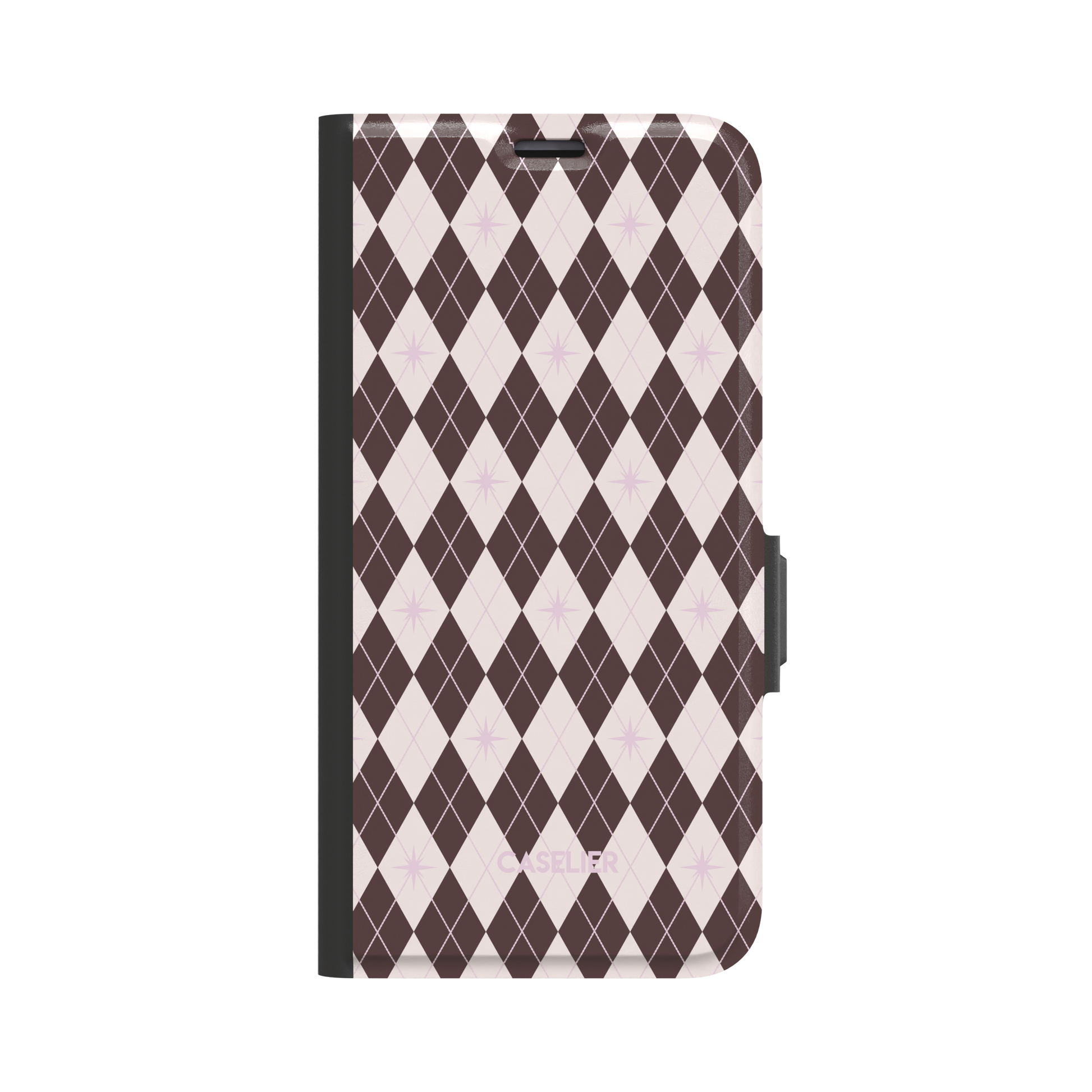 Argyle Starred folio wallet case in brown and blush pink argyle with lilac starbursts, shown in a three-quarter angle view with black spine and magnetic side clasp, phone case by Caselier - wallet case, front view | Caselier