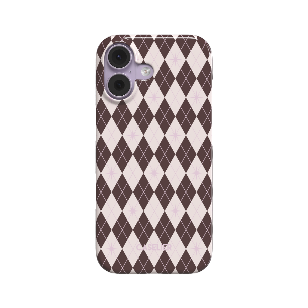 Argyle Starred, brown and cream argyle diamonds with lilac sparkle accents, snap case, front view, phone case by Caselier