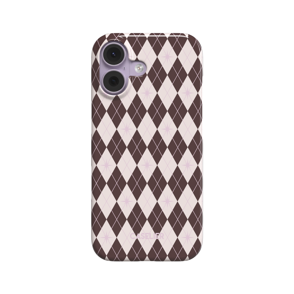 Argyle Starred, brown and cream argyle diamonds with lilac sparkle accents, snap case, front view, phone case by Caselier