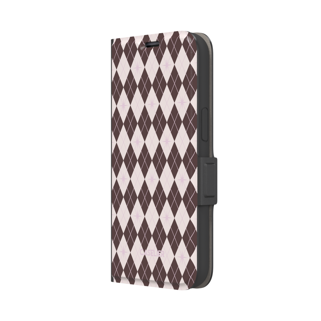 Argyle Starred, brown and cream argyle diamonds with lilac sparkle accents, wallet case, right view, phone case by Caselier