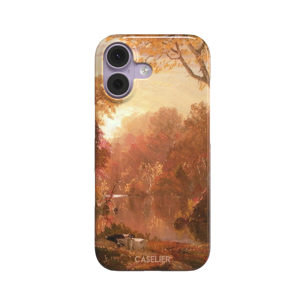 Autumn in North America by Frederic Edwin Church phone case showing a golden amber and rose-toned fall forest landscape with a still river reflection and cattle on the bank, phone case by Caselier — snap case, front view