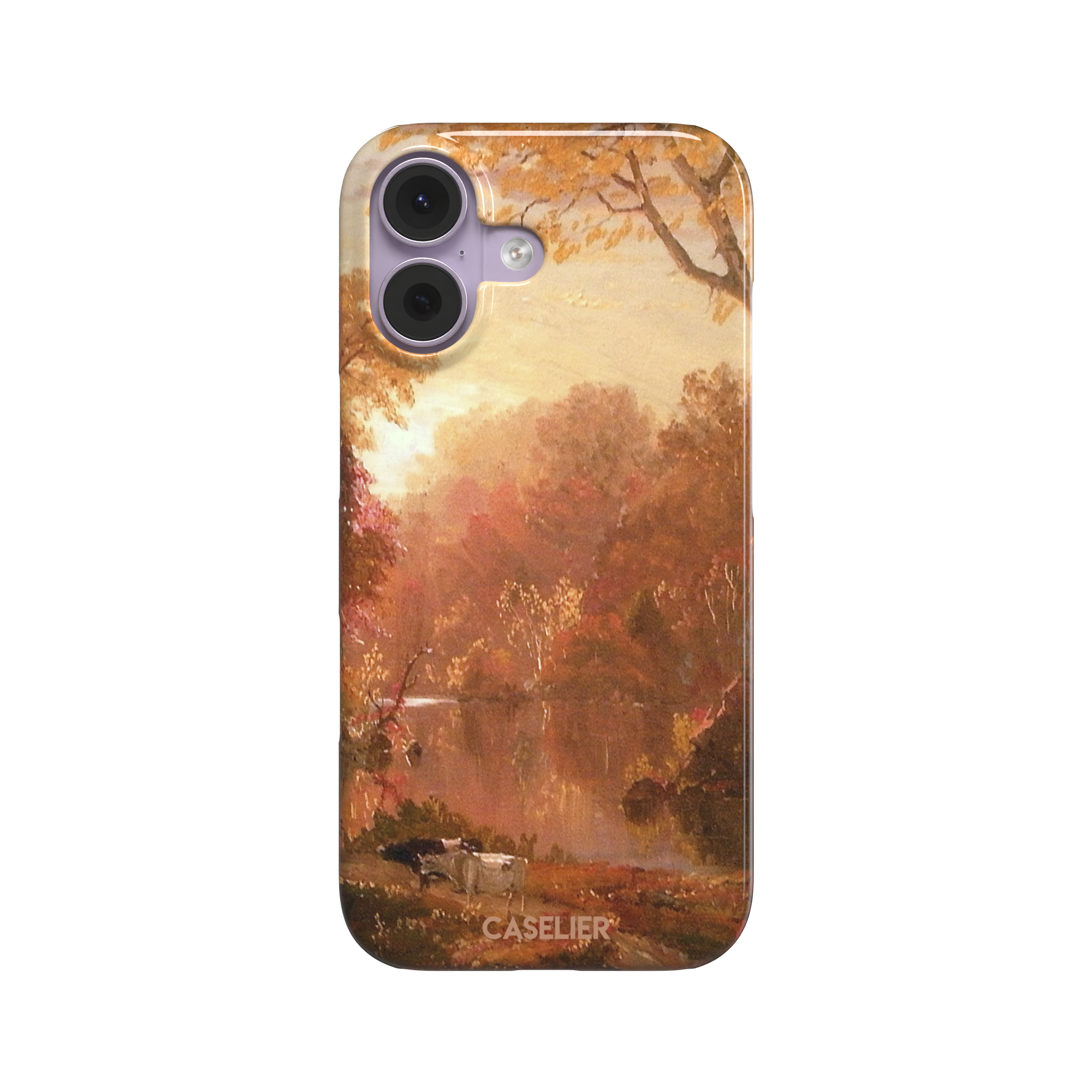 Autumn in North America by Frederic Edwin Church phone case showing a golden amber and rose-toned fall forest landscape with a still river reflection and cattle on the bank, phone case by Caselier — snap case, front view