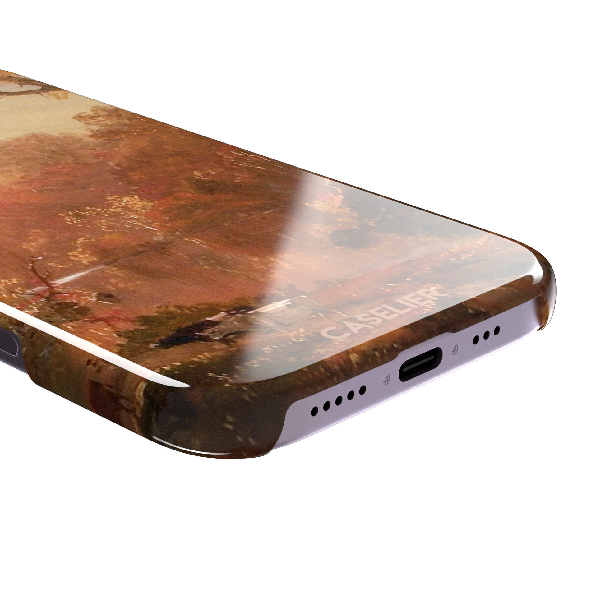 Autumn in North America by Frederic Edwin Church phone case showing a golden amber and rose-toned fall forest landscape with a still river reflection and cattle on the bank, phone case by Caselier — snap case, charging port detail