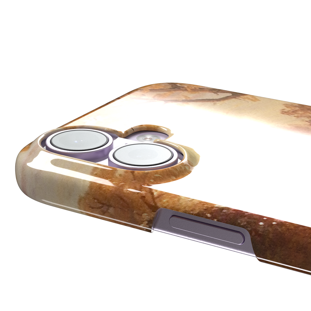 Autumn in North America by Frederic Edwin Church phone case showing a golden amber and rose-toned fall forest landscape with a still river reflection and cattle on the bank, phone case by Caselier — snap case, volume buttons detail