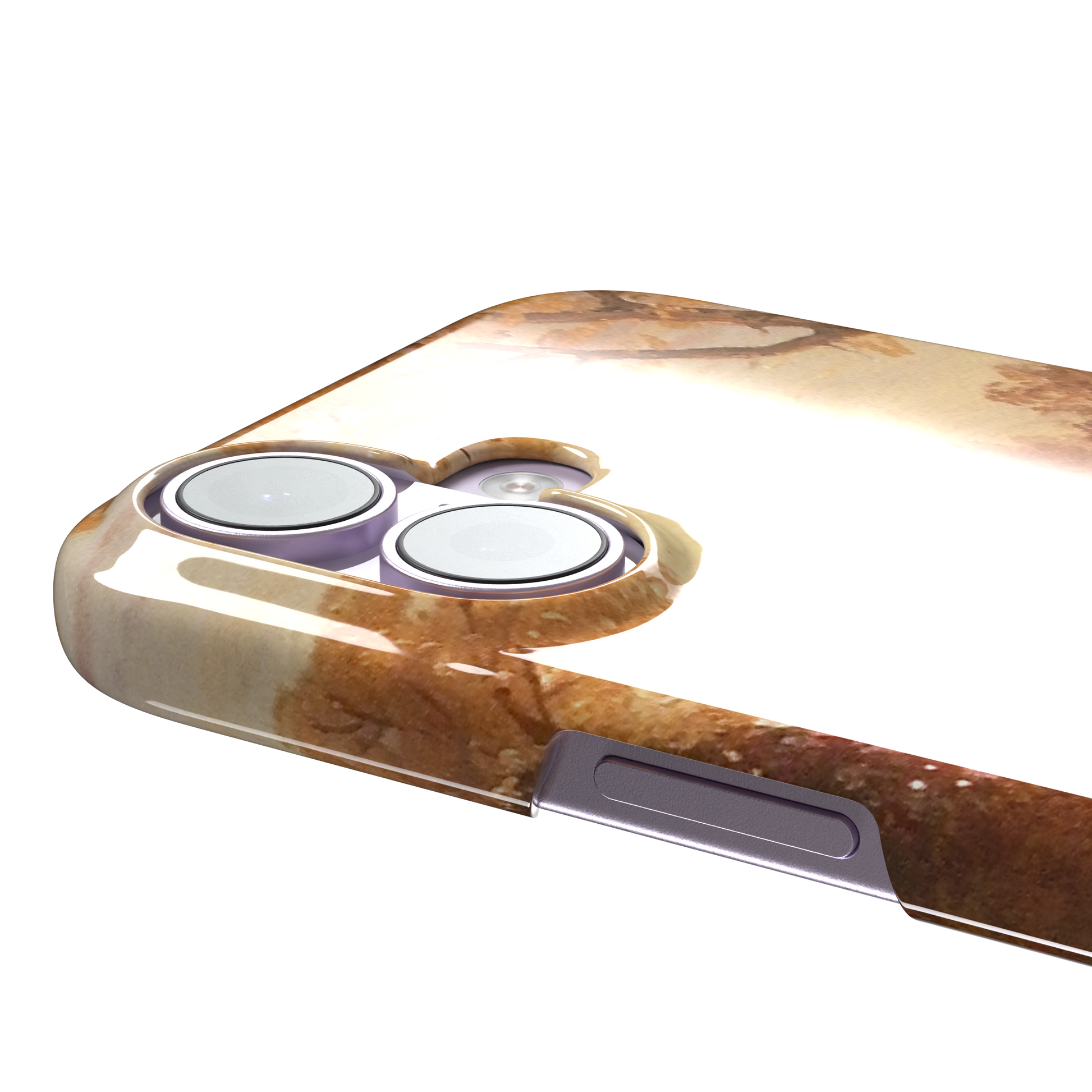 Autumn in North America by Frederic Edwin Church phone case showing a golden amber and rose-toned fall forest landscape with a still river reflection and cattle on the bank, phone case by Caselier — snap case, volume buttons detail