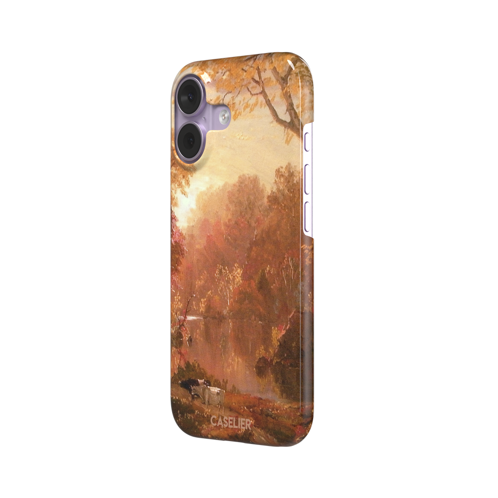 Autumn in North America by Frederic Edwin Church phone case showing a golden amber and rose-toned fall forest landscape with a still river reflection and cattle on the bank, phone case by Caselier — snap case, right view