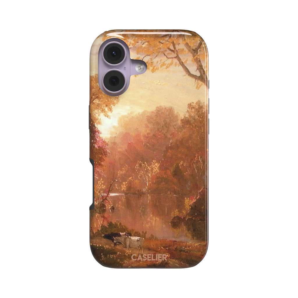 Autumn in North America by Frederic Edwin Church phone case showing a golden amber and rose-toned fall forest landscape with a still river reflection and cattle on the bank, phone case by Caselier — tough case, front view