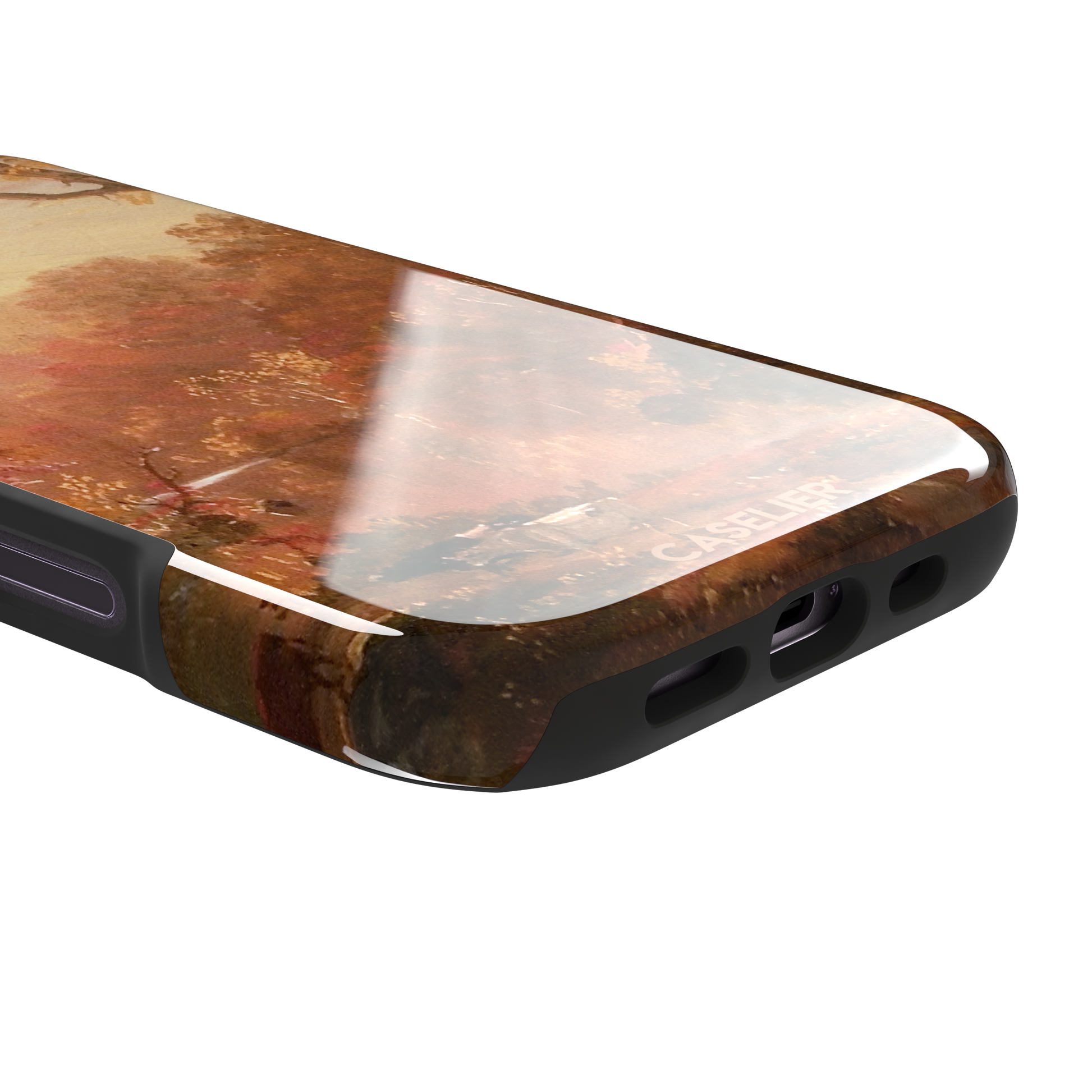 Autumn in North America by Frederic Edwin Church phone case showing a golden amber and rose-toned fall forest landscape with a still river reflection and cattle on the bank, phone case by Caselier — tough case, charging port detail