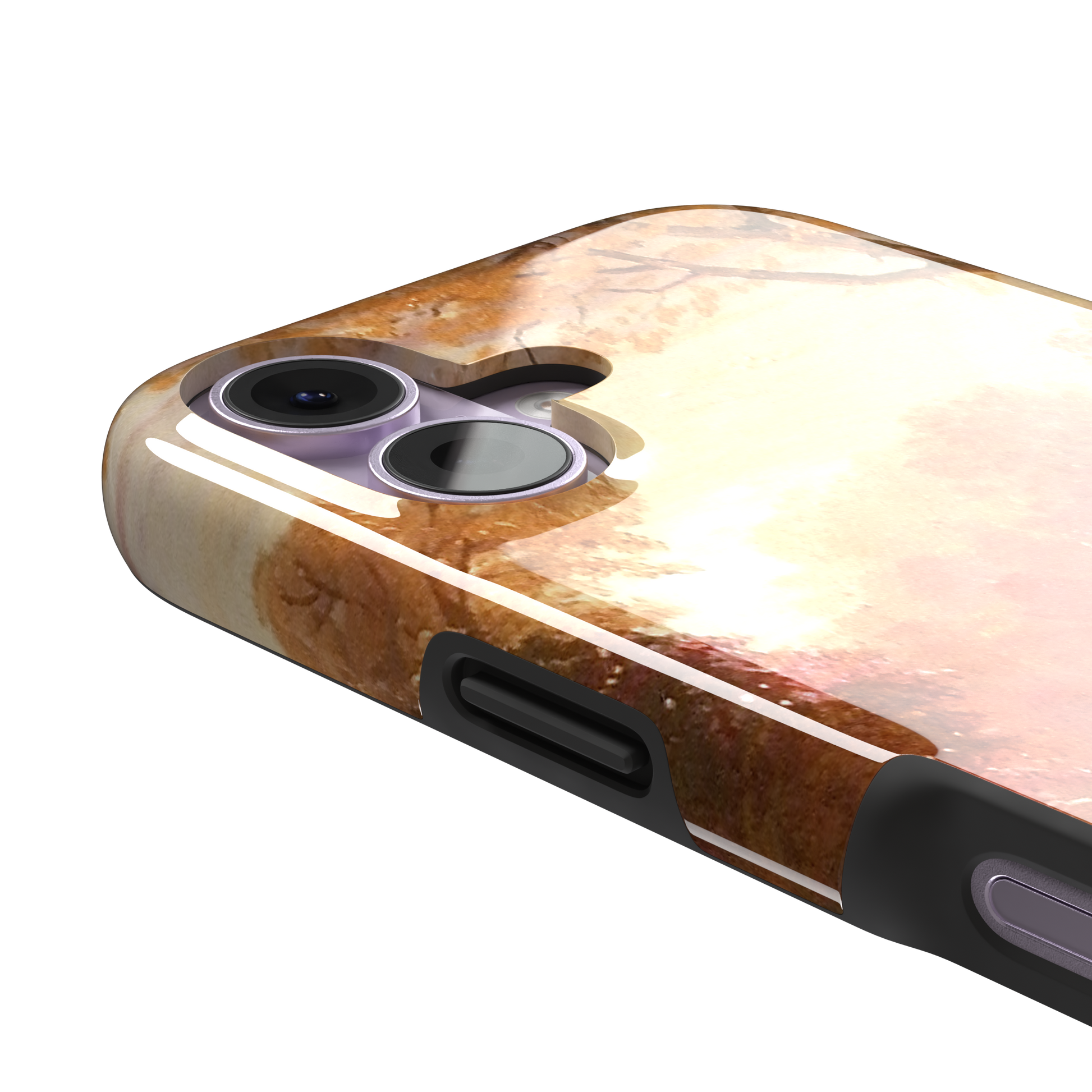 Autumn in North America by Frederic Edwin Church phone case showing a golden amber and rose-toned fall forest landscape with a still river reflection and cattle on the bank, phone case by Caselier — tough case, volume buttons detail