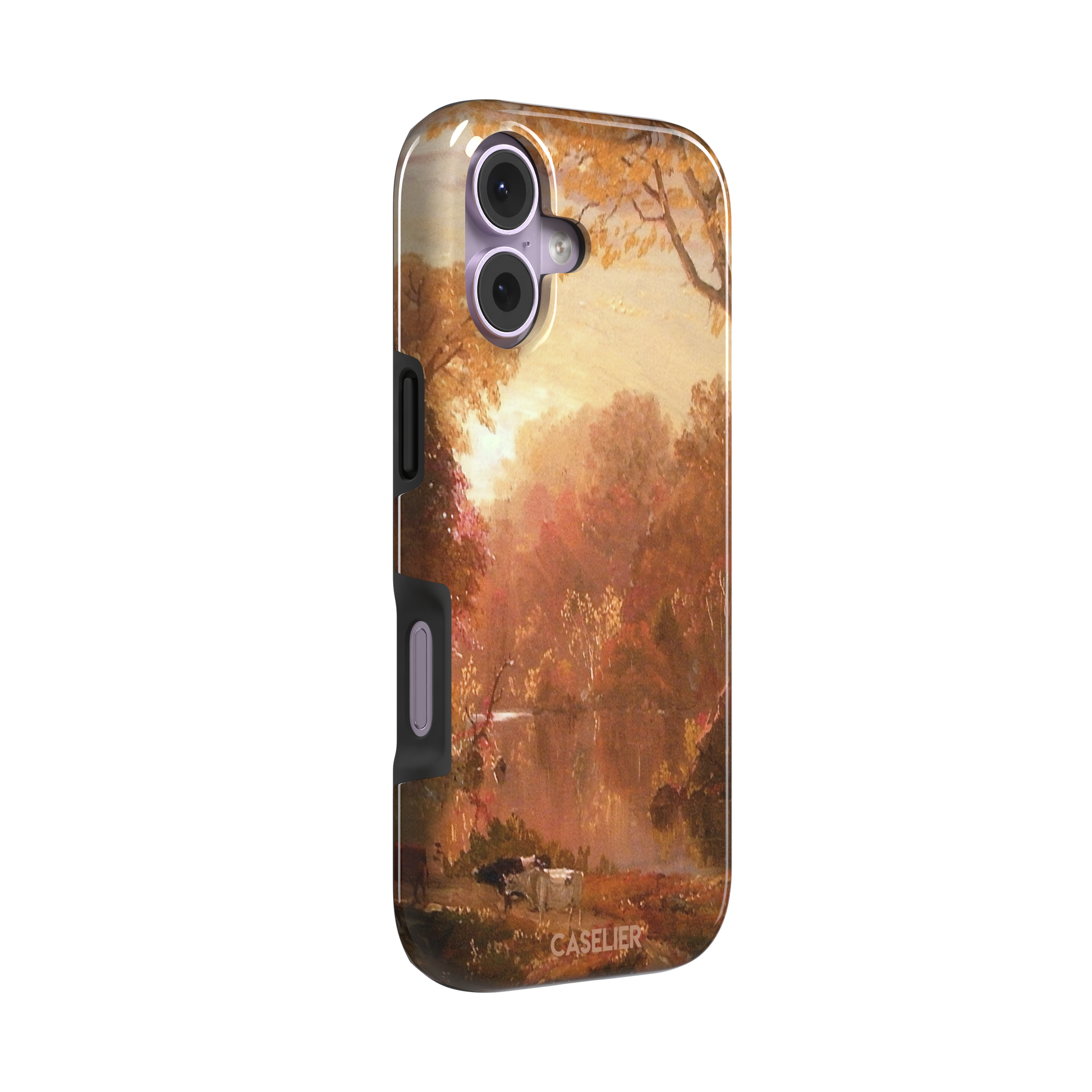 Autumn in North America by Frederic Edwin Church phone case showing a golden amber and rose-toned fall forest landscape with a still river reflection and cattle on the bank, phone case by Caselier — tough case, left view