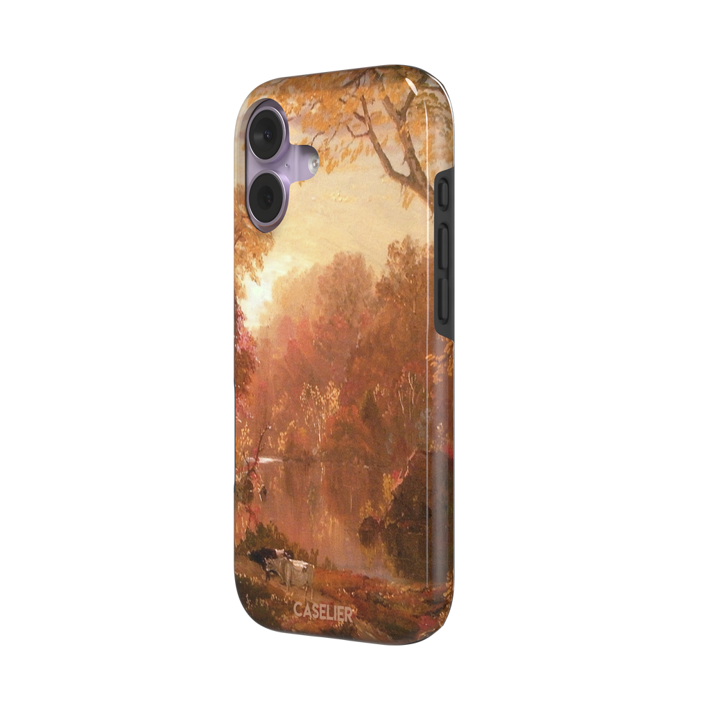Autumn in North America by Frederic Edwin Church phone case showing a golden amber and rose-toned fall forest landscape with a still river reflection and cattle on the bank, phone case by Caselier — tough case, right view