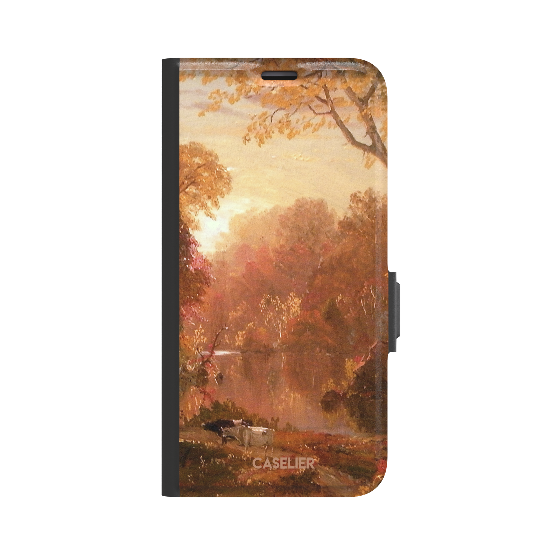 Autumn in North America by Frederic Edwin Church phone case showing a golden amber and rose-toned fall forest landscape with a still river reflection and cattle on the bank, phone case by Caselier — wallet case, front view