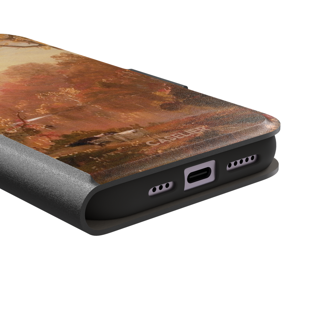 Autumn in North America by Frederic Edwin Church phone case showing a golden amber and rose-toned fall forest landscape with a still river reflection and cattle on the bank, phone case by Caselier — wallet case, charging port detail