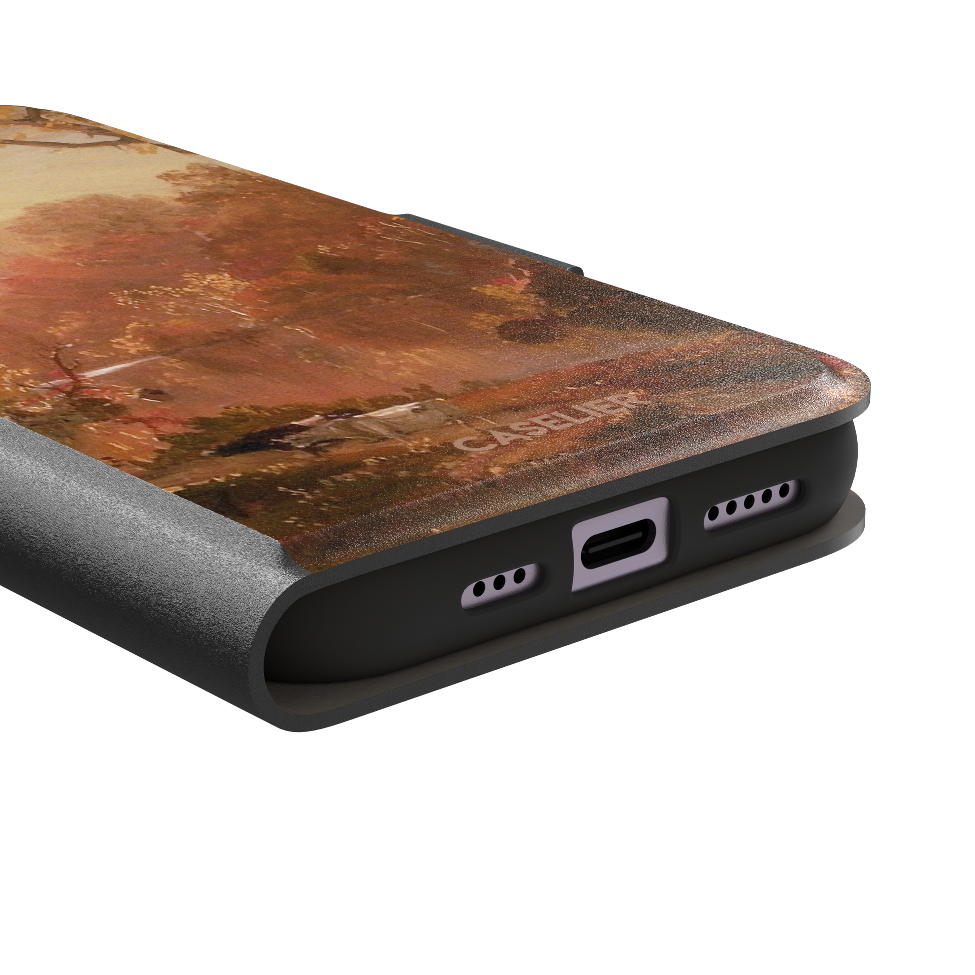 Autumn in North America by Frederic Edwin Church phone case showing a golden amber and rose-toned fall forest landscape with a still river reflection and cattle on the bank, phone case by Caselier — wallet case, charging port detail