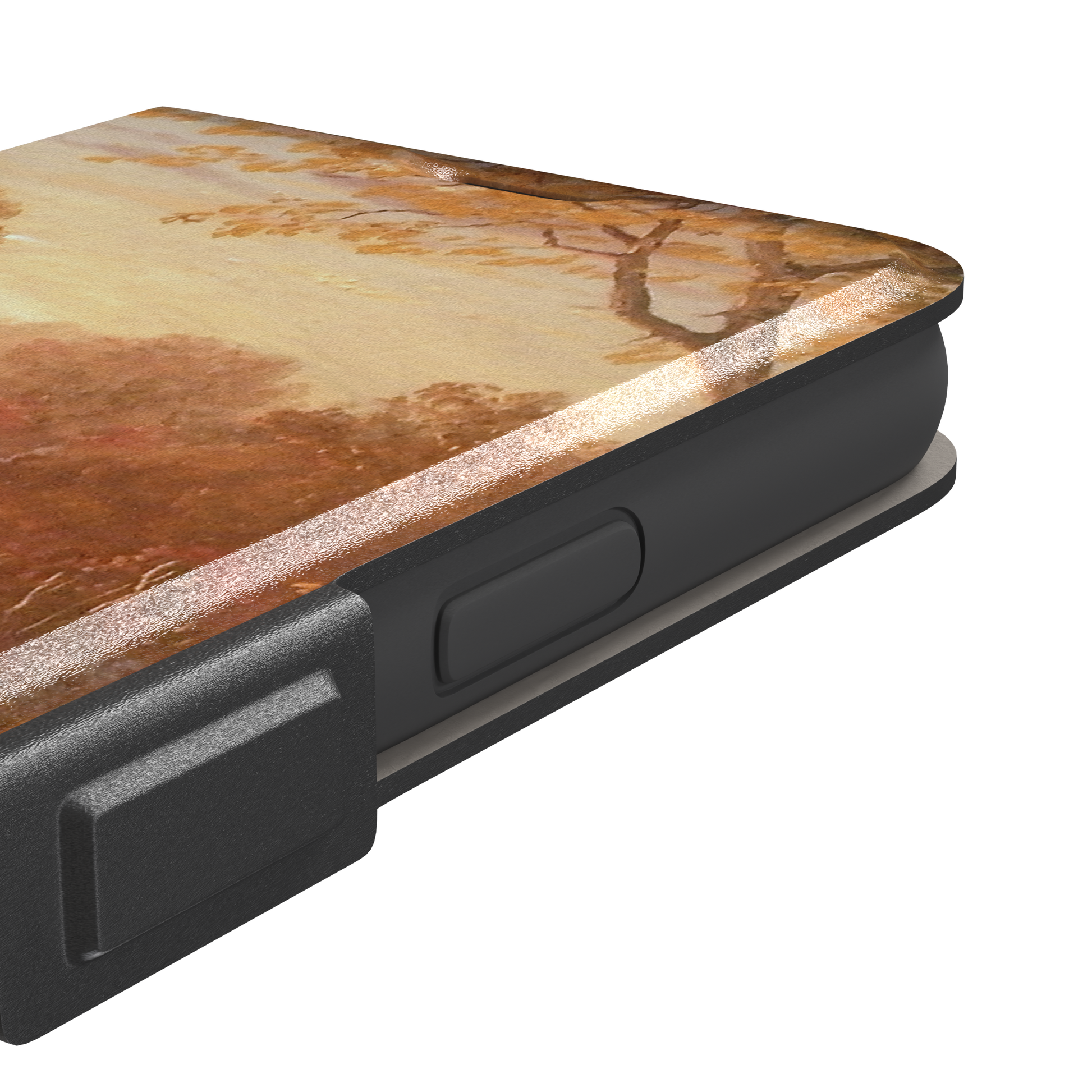Autumn in North America by Frederic Edwin Church phone case showing a golden amber and rose-toned fall forest landscape with a still river reflection and cattle on the bank, phone case by Caselier — wallet case, volume buttons detail