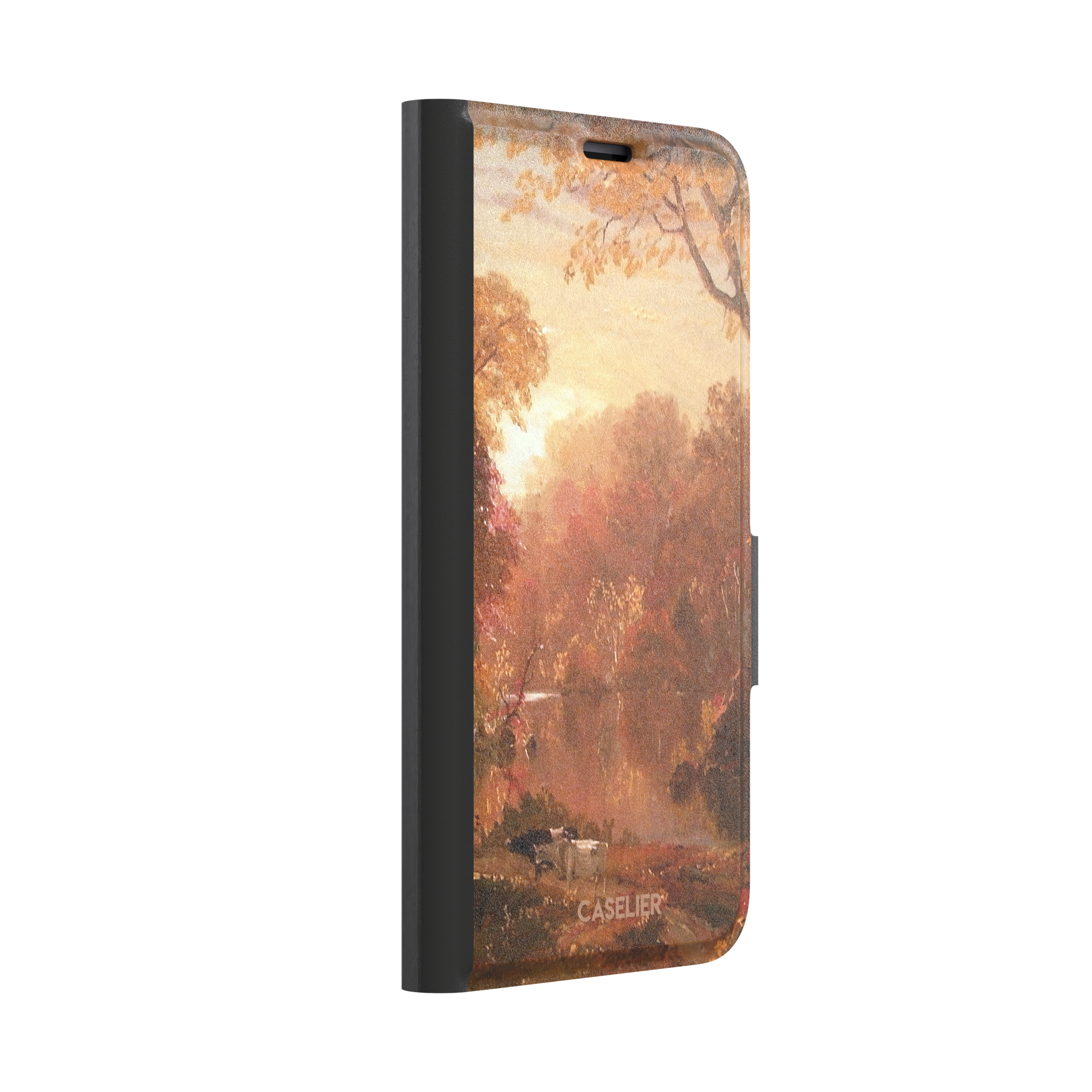 Autumn in North America by Frederic Edwin Church phone case showing a golden amber and rose-toned fall forest landscape with a still river reflection and cattle on the bank, phone case by Caselier — wallet case, left view