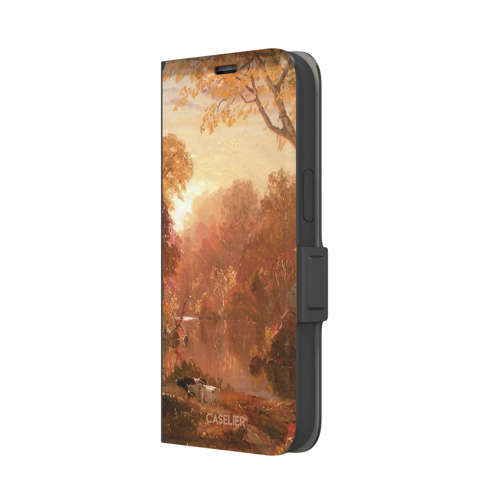 Autumn in North America by Frederic Edwin Church phone case showing a golden amber and rose-toned fall forest landscape with a still river reflection and cattle on the bank, phone case by Caselier — wallet case, right view