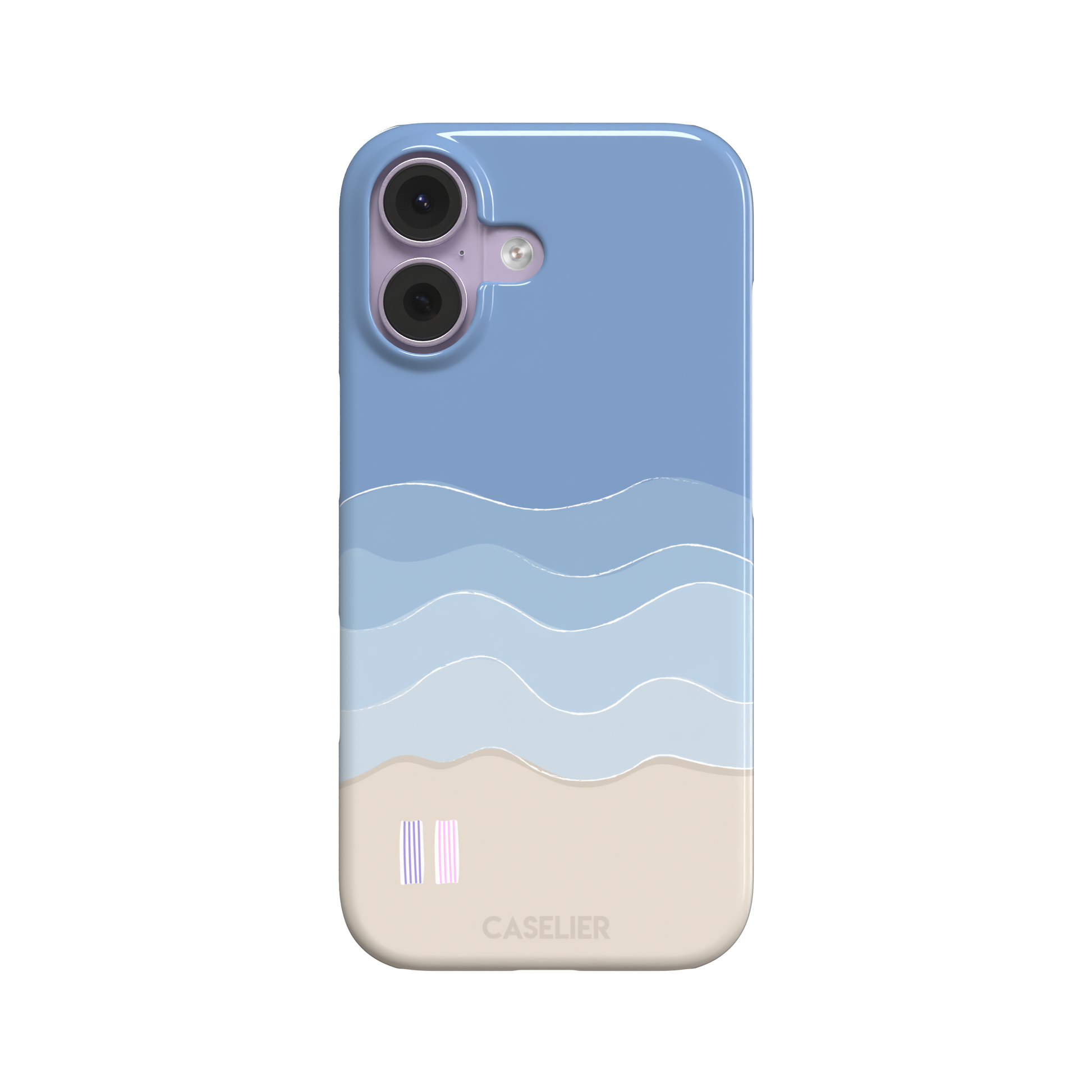 Beach phone case featuring layered blue waves graduating to a sandy beige shore with two miniature striped beach umbrellas, from the Memories of Summer collection, phone case by Caselier — snap case, front view