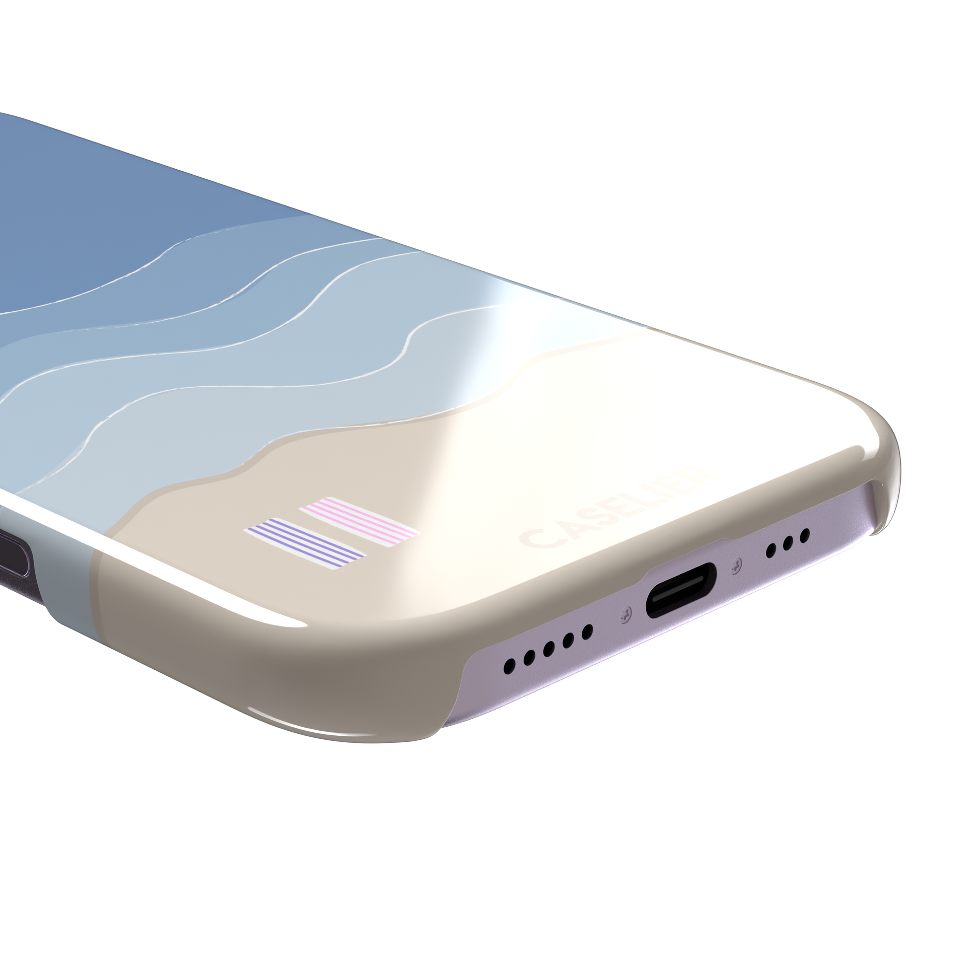 Beach phone case featuring layered blue waves graduating to a sandy beige shore with two miniature striped beach umbrellas, from the Memories of Summer collection, phone case by Caselier — snap case, charging port detail