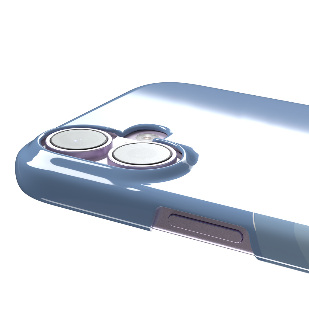 Beach phone case featuring layered blue waves graduating to a sandy beige shore with two miniature striped beach umbrellas, from the Memories of Summer collection, phone case by Caselier — snap case, volume buttons detail