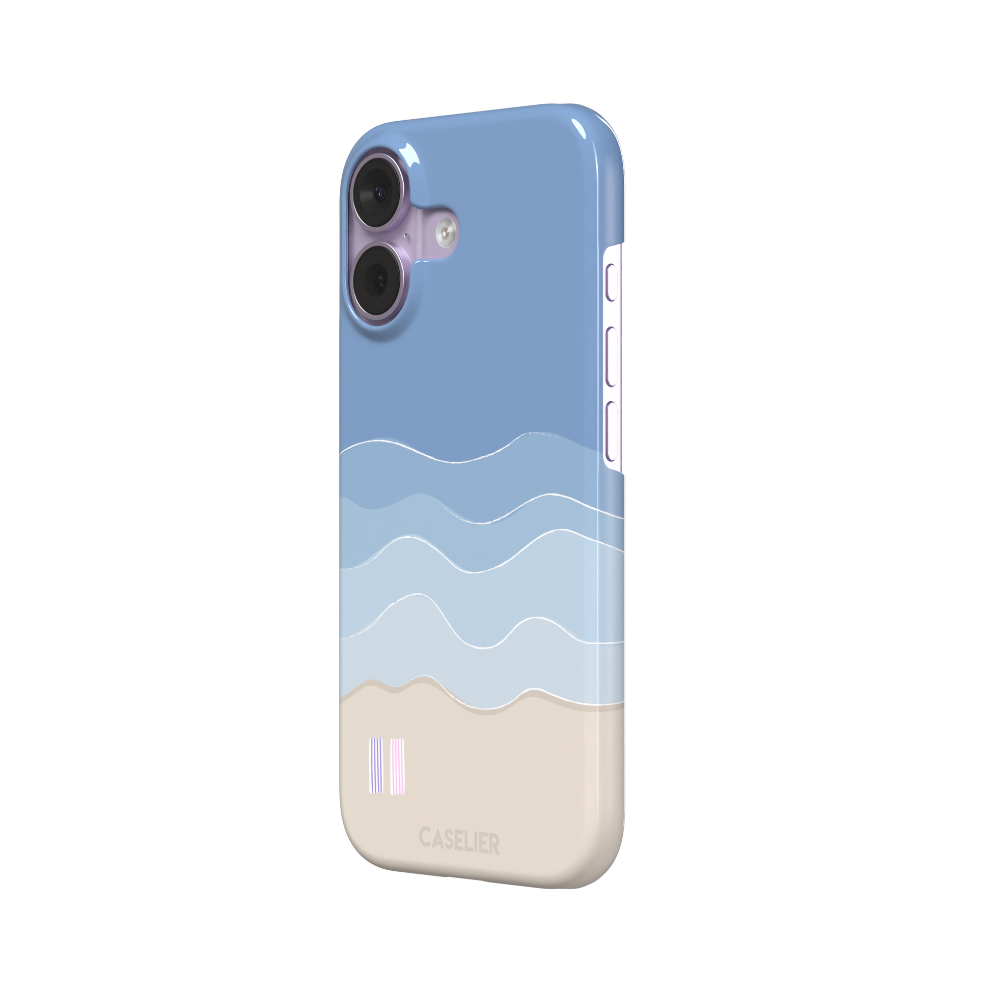 Beach phone case featuring layered blue waves graduating to a sandy beige shore with two miniature striped beach umbrellas, from the Memories of Summer collection, phone case by Caselier — snap case, right view