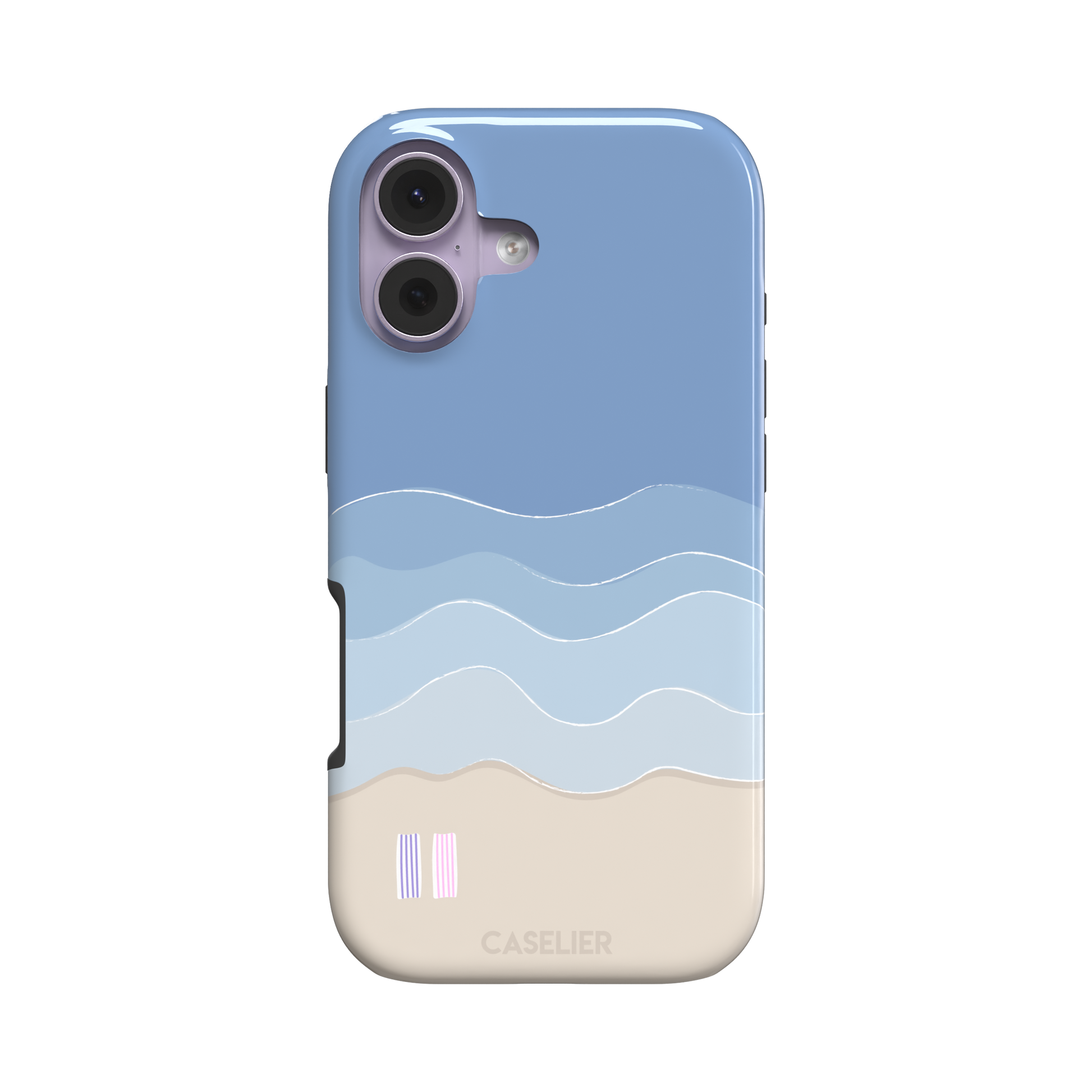 Beach phone case featuring layered blue waves graduating to a sandy beige shore with two miniature striped beach umbrellas, from the Memories of Summer collection, phone case by Caselier — tough case, front view