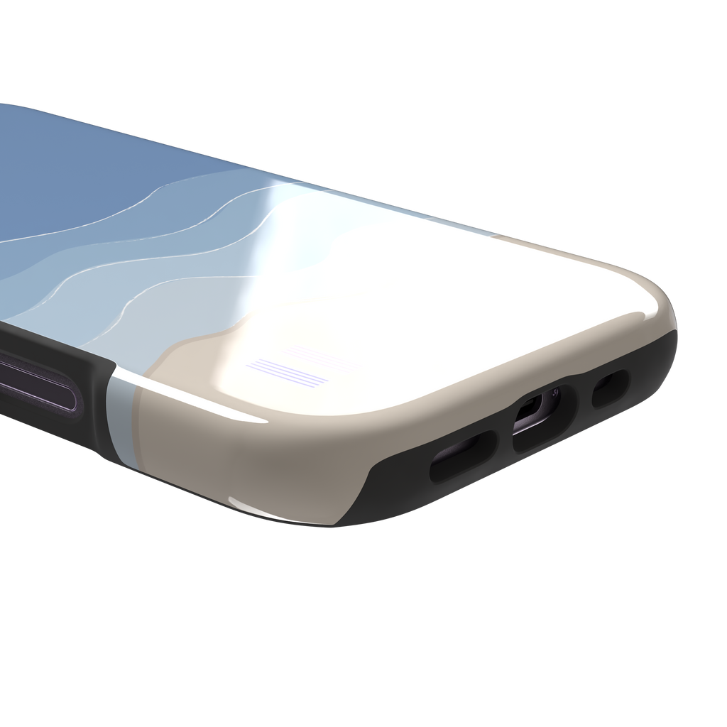 Beach phone case featuring layered blue waves graduating to a sandy beige shore with two miniature striped beach umbrellas, from the Memories of Summer collection, phone case by Caselier — tough case, charging port detail