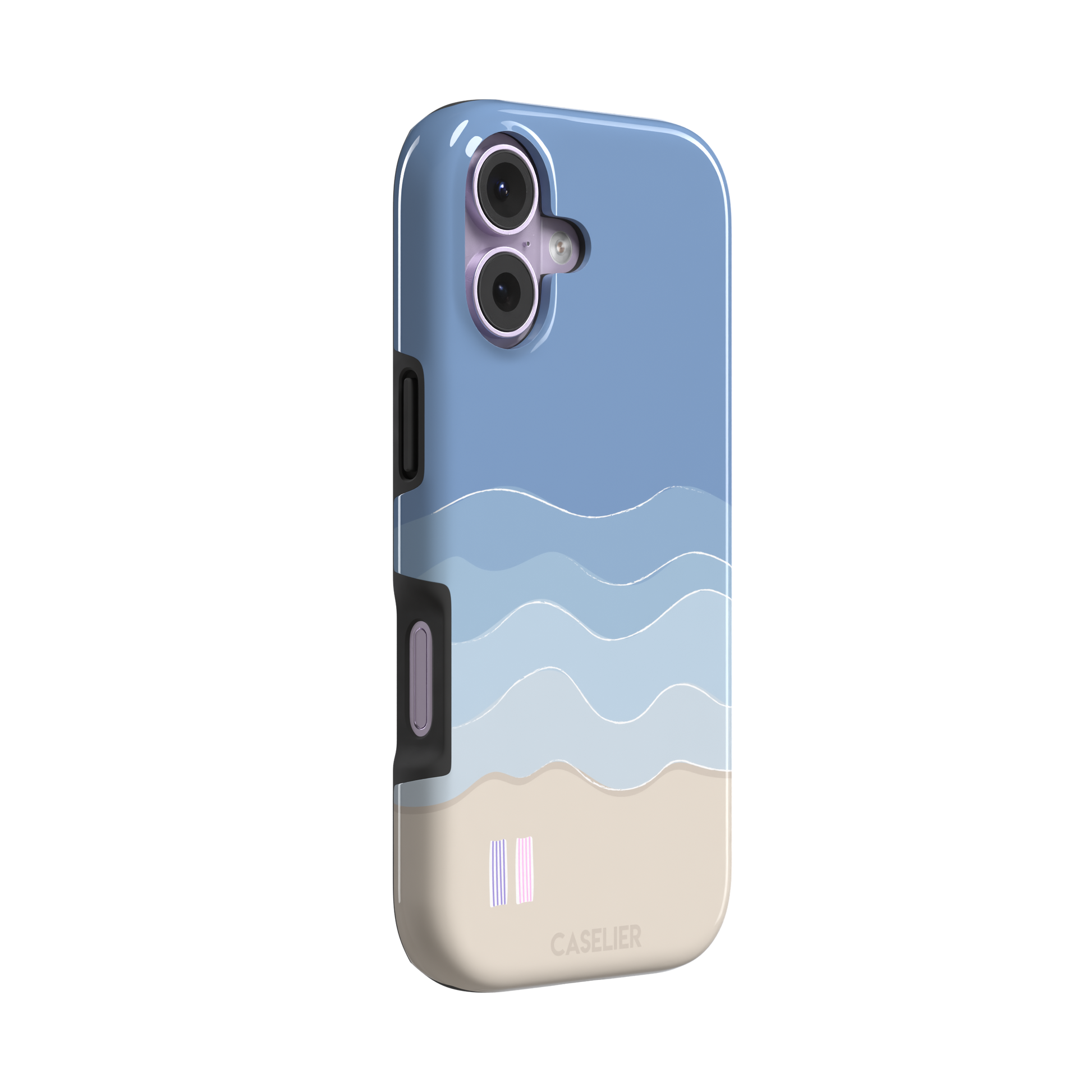 Beach phone case featuring layered blue waves graduating to a sandy beige shore with two miniature striped beach umbrellas, from the Memories of Summer collection, phone case by Caselier — tough case, left view
