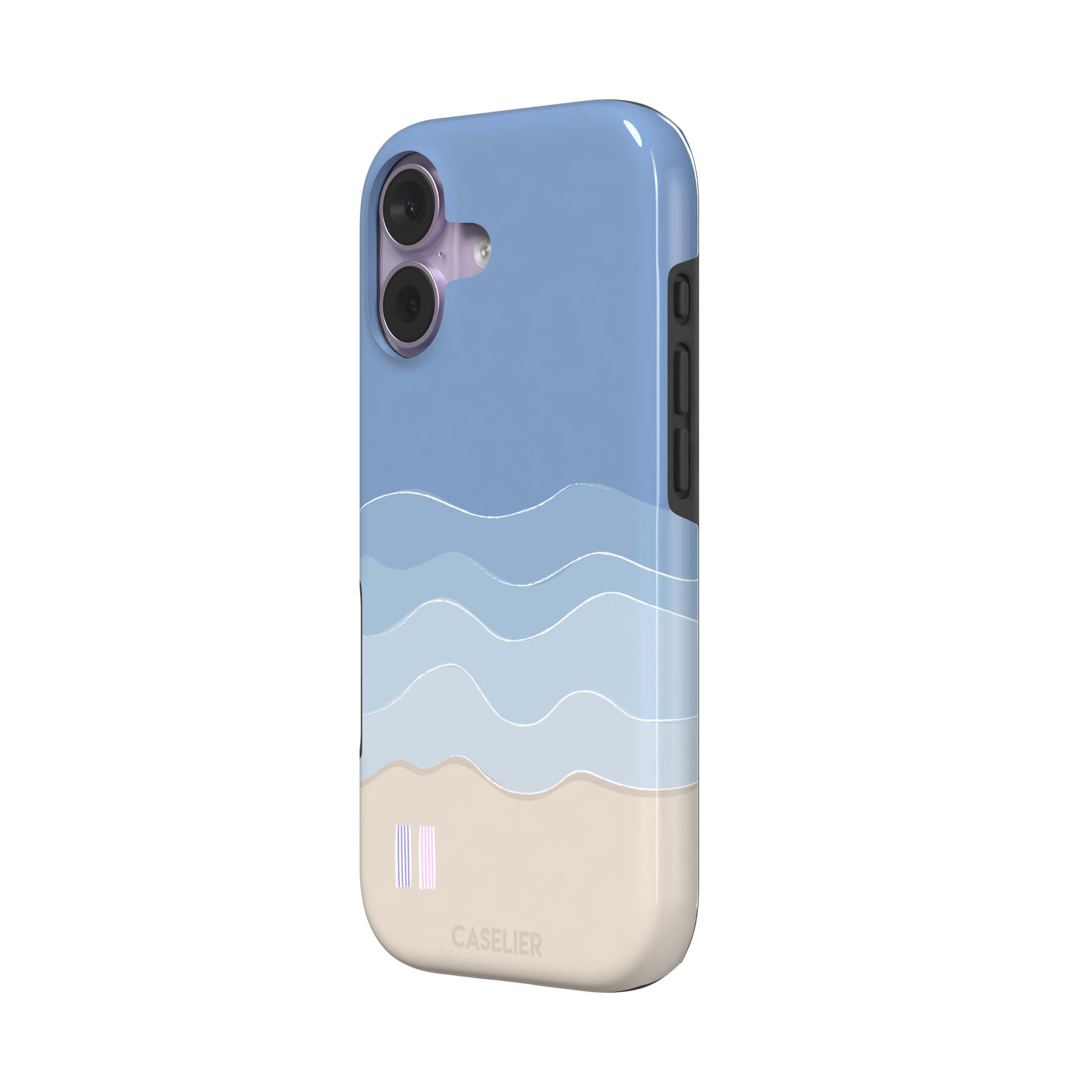 Beach phone case featuring layered blue waves graduating to a sandy beige shore with two miniature striped beach umbrellas, from the Memories of Summer collection, phone case by Caselier — tough case, right view