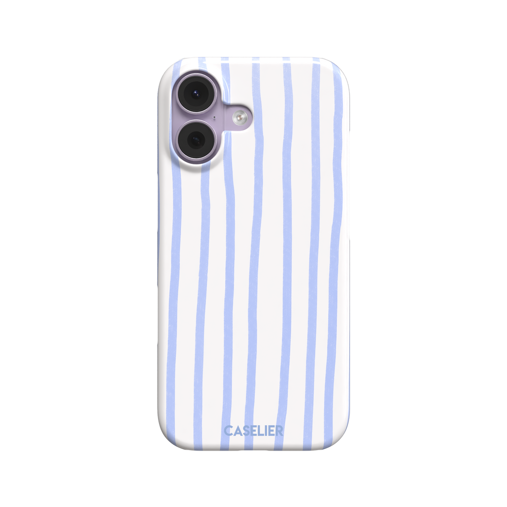 Beach Towel phone case in periwinkle blue and white wavy vertical stripes on iPhone, phone case by Caselier — snap case, front view