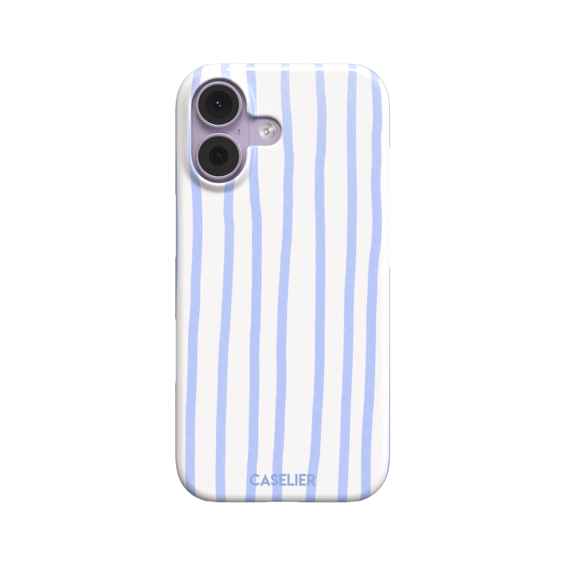 Beach Towel phone case in periwinkle blue and white wavy vertical stripes on iPhone, phone case by Caselier — snap case, front view