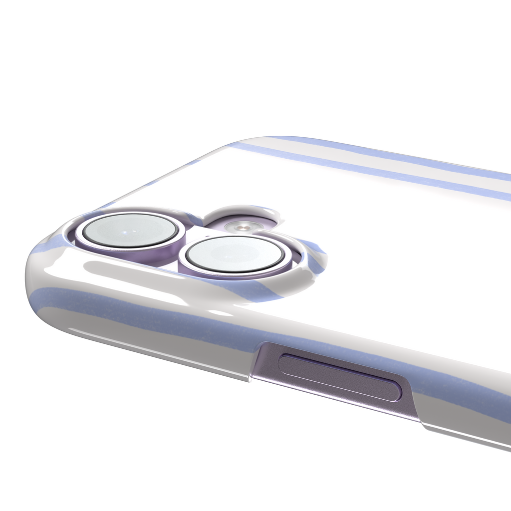 Beach Towel phone case in periwinkle blue and white wavy vertical stripes on iPhone, phone case by Caselier — snap case, volume buttons detail