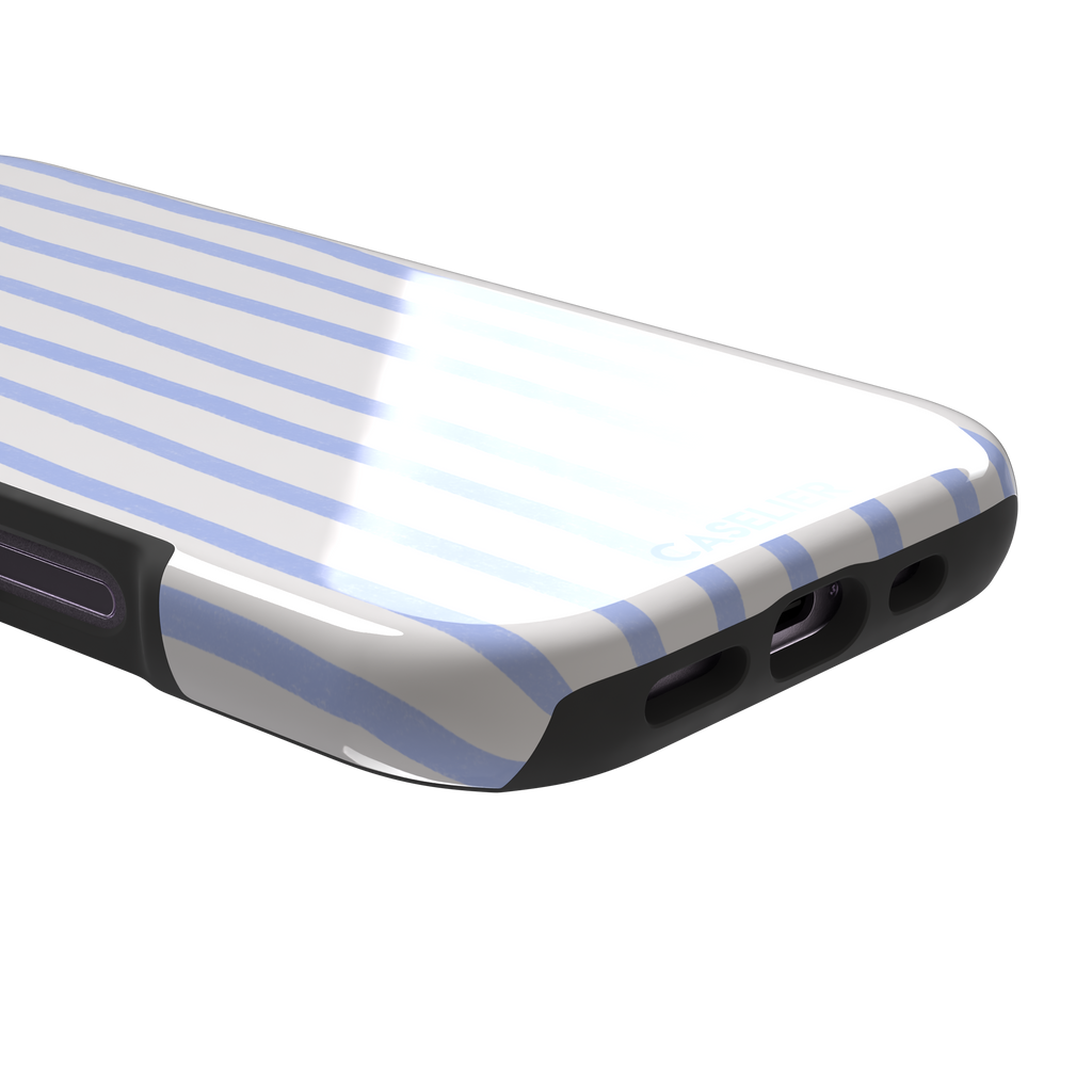 Beach Towel phone case in periwinkle blue and white wavy vertical stripes on iPhone, phone case by Caselier — tough case, charging port detail