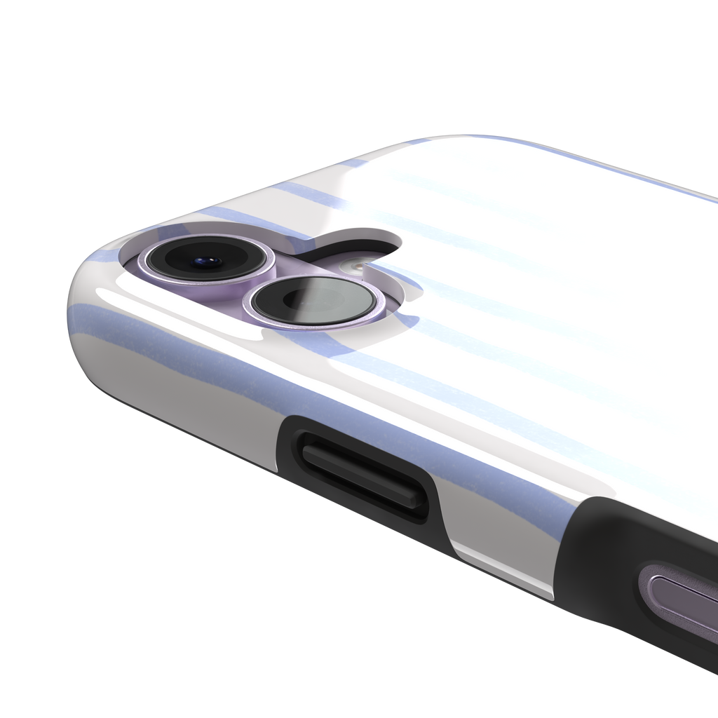 Beach Towel phone case in periwinkle blue and white wavy vertical stripes on iPhone, phone case by Caselier — tough case, volume buttons detail