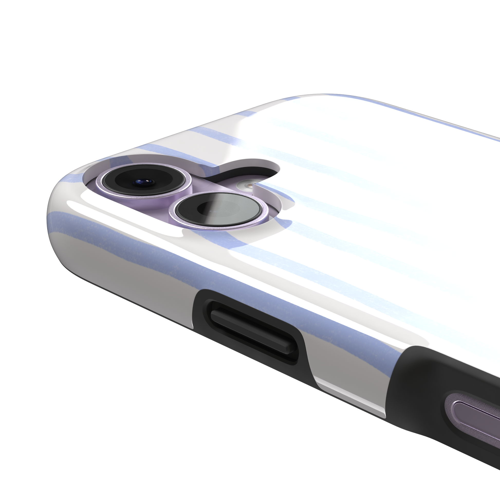 Beach Towel phone case in periwinkle blue and white wavy vertical stripes on iPhone, phone case by Caselier — tough case, volume buttons detail